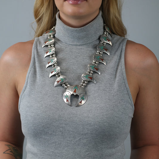 Navajo Turquoise Coral Chip Inlay Peyote Bird Squash Blossom Necklace Sterling Silver