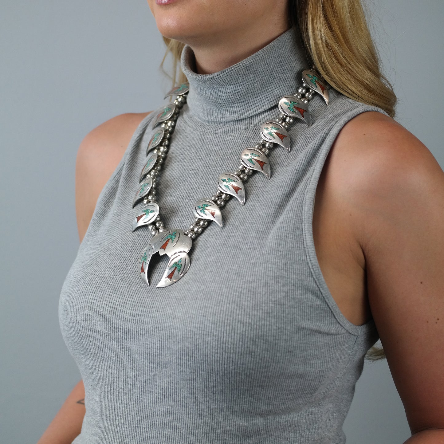 Navajo Turquoise Coral Chip Inlay Peyote Bird Squash Blossom Necklace Sterling Silver N2662