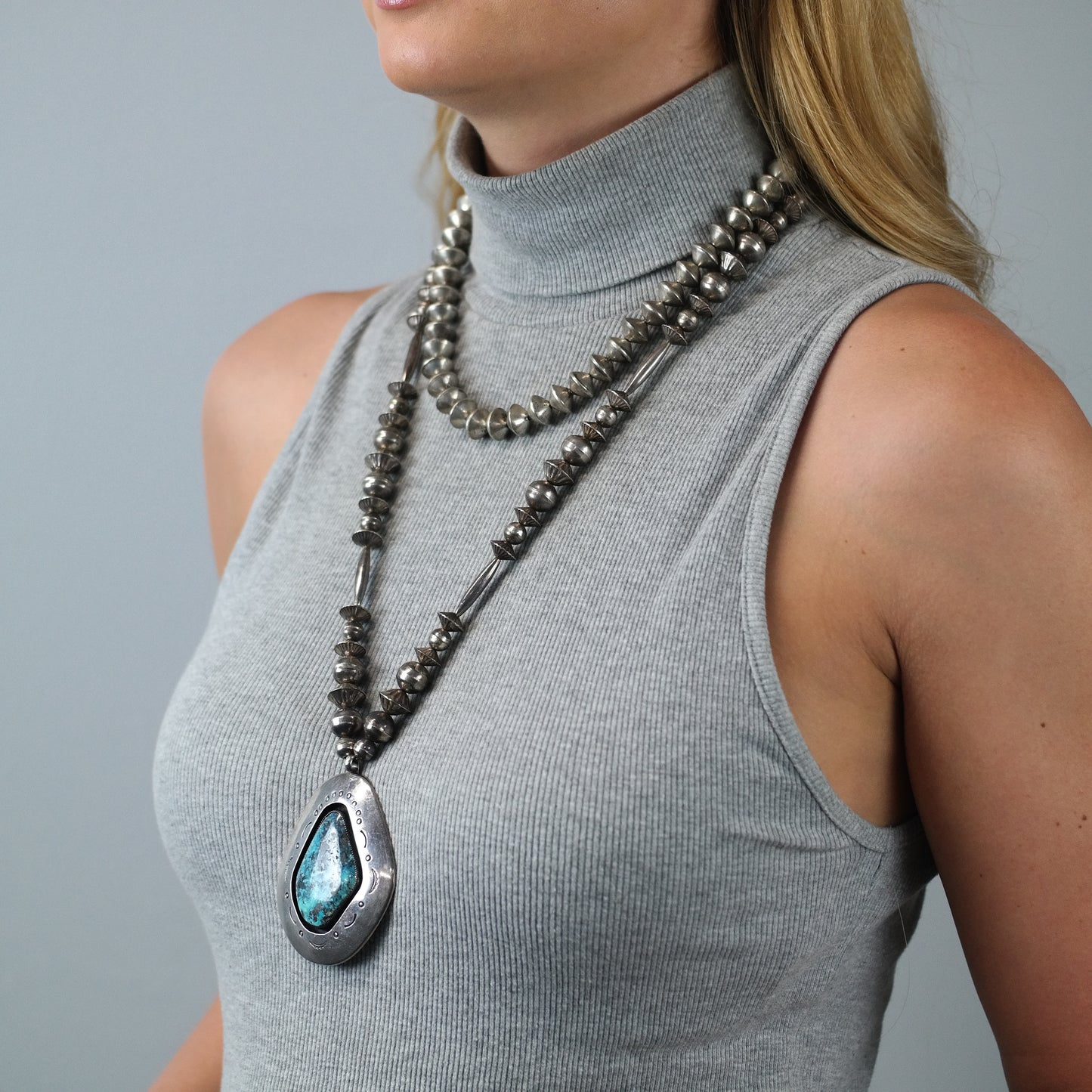 Vintage Native American Sterling Silver Beads Necklace N2680