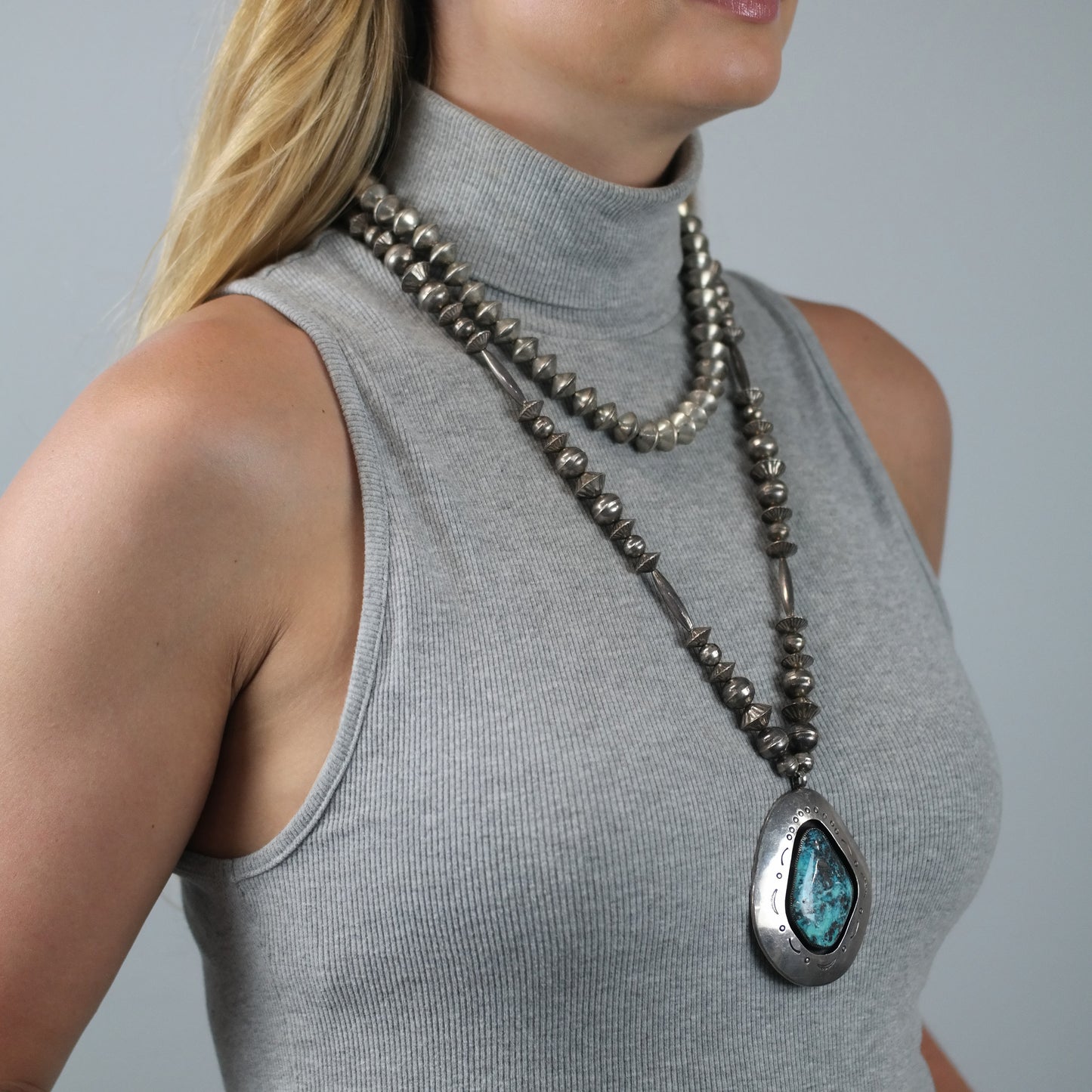 Native American Turquoise Sterling Silver Shadowbox Necklace N2679