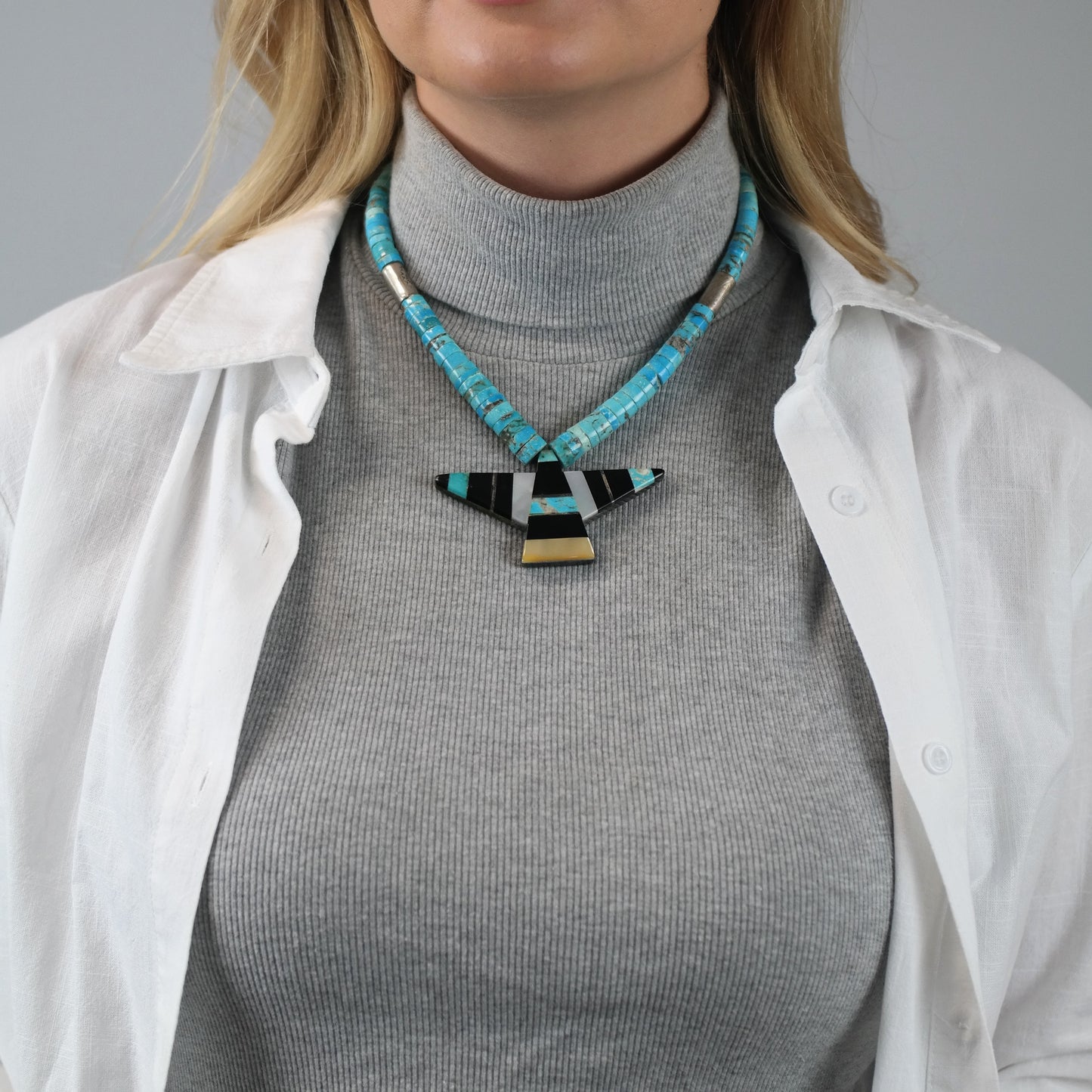 Native American Style Heishi Necklace Turquoise Onyx Graduated Beads 4.9-10.5mm N2665