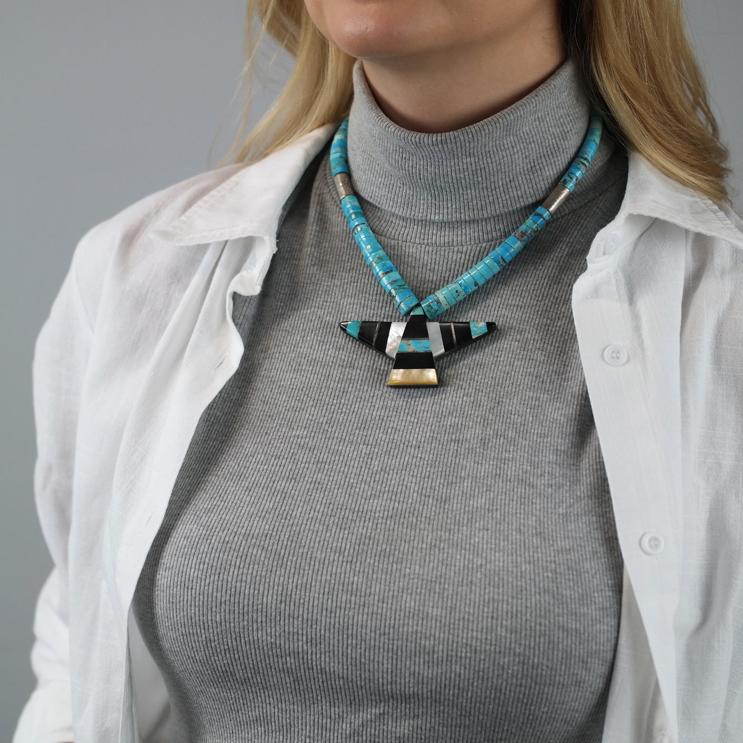 Native American Style Heishi Necklace Turquoise Onyx Graduated Beads 4.9-10.5mm N2665