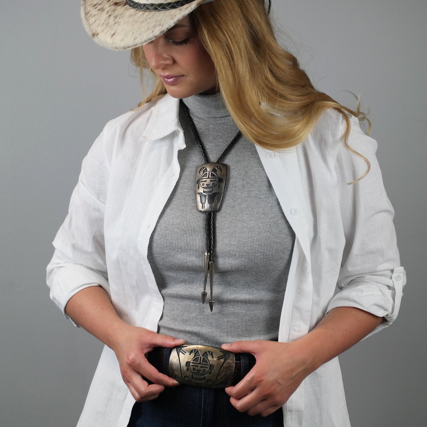 Bernard Dawahoya Hopi Sterling Silver Leather Bolo Tie and Belt Buckle N2672