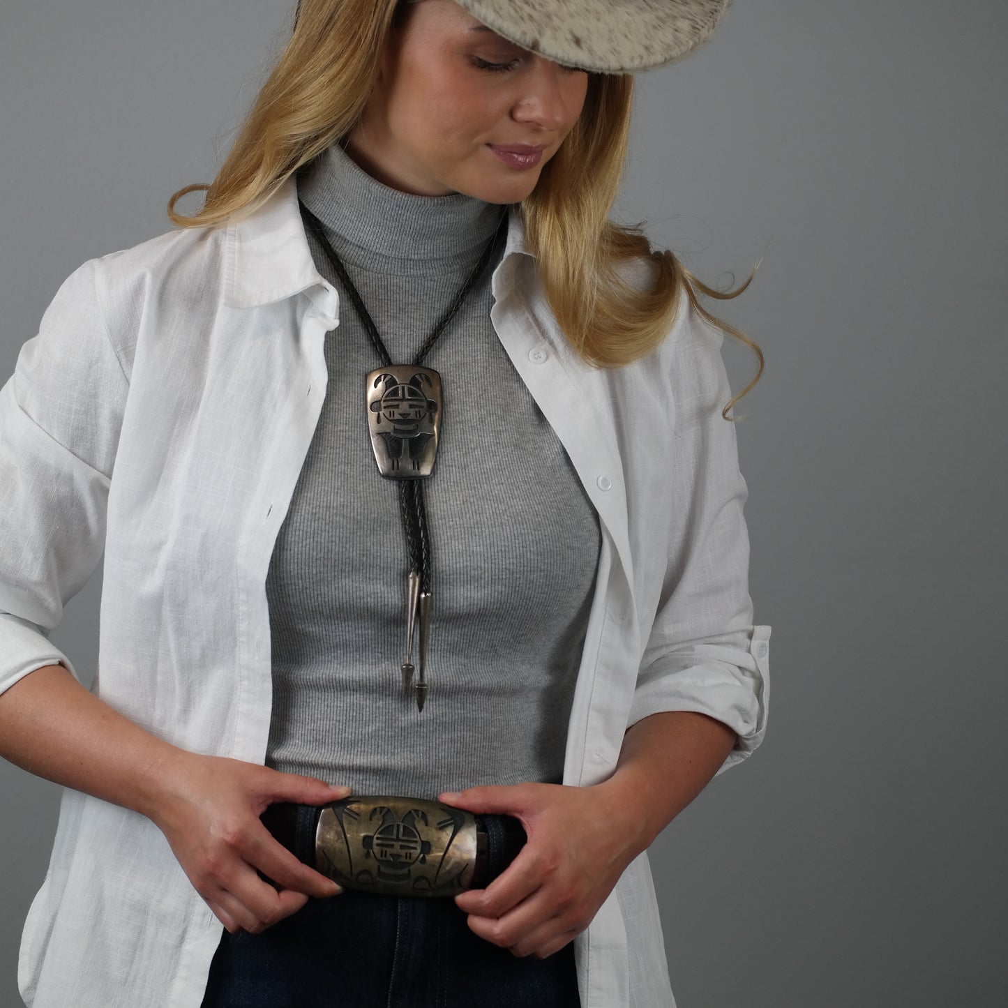 Bernard Dawahoya Hopi Sterling Silver Leather Bolo Tie and Belt Buckle N2672