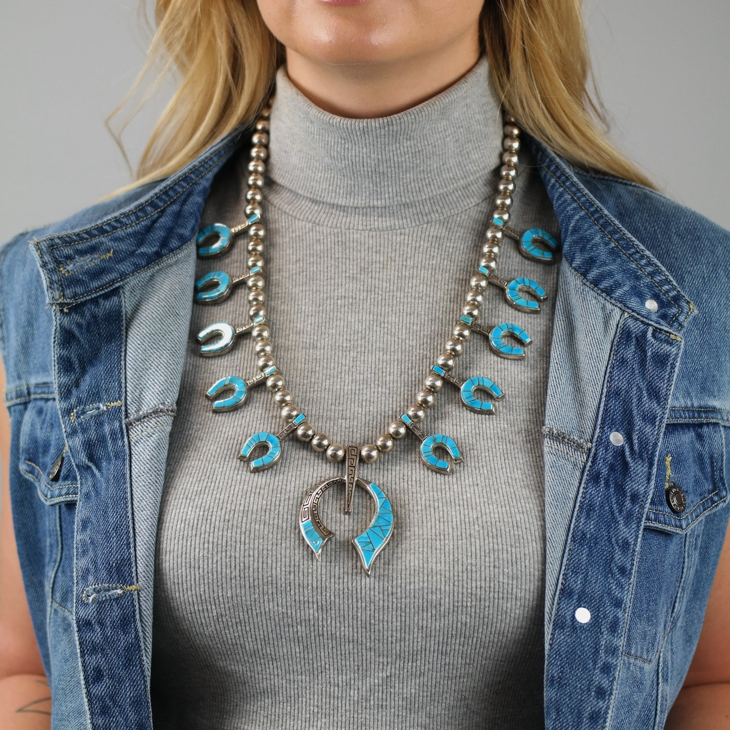 Native American Turquoise Inlay Sterling Silver Squash Blossom N2683
