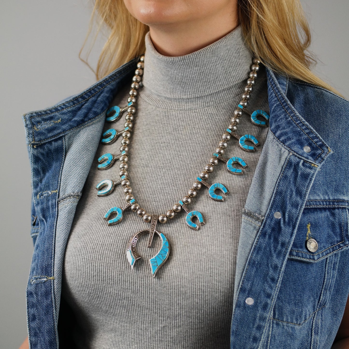 Native American Turquoise Inlay Sterling Silver Squash Blossom N2683