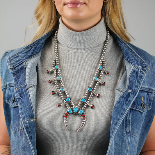 Native American Turquoise & Coral Sterling Silver Squash Blossom N2684