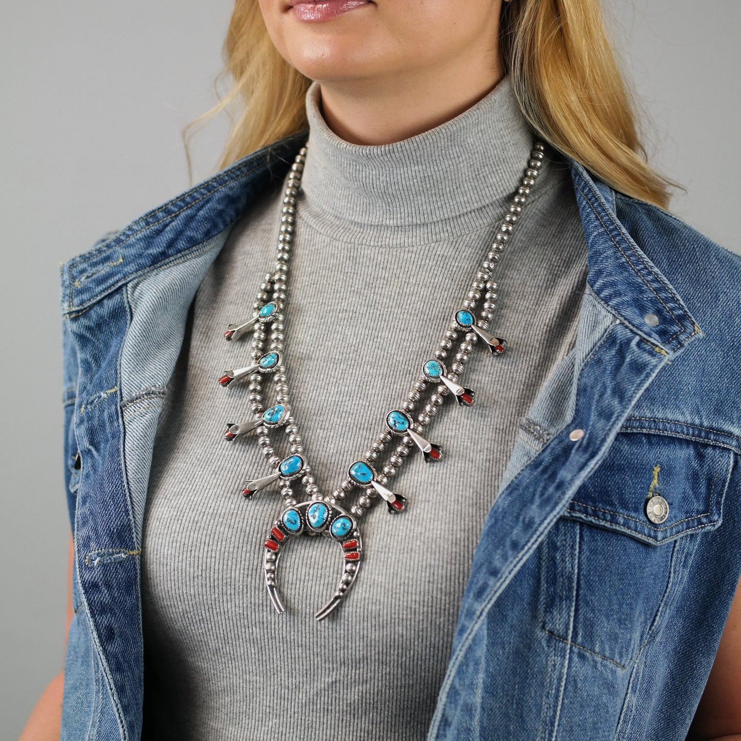 Native American Turquoise & Coral Sterling Silver Squash Blossom N2684