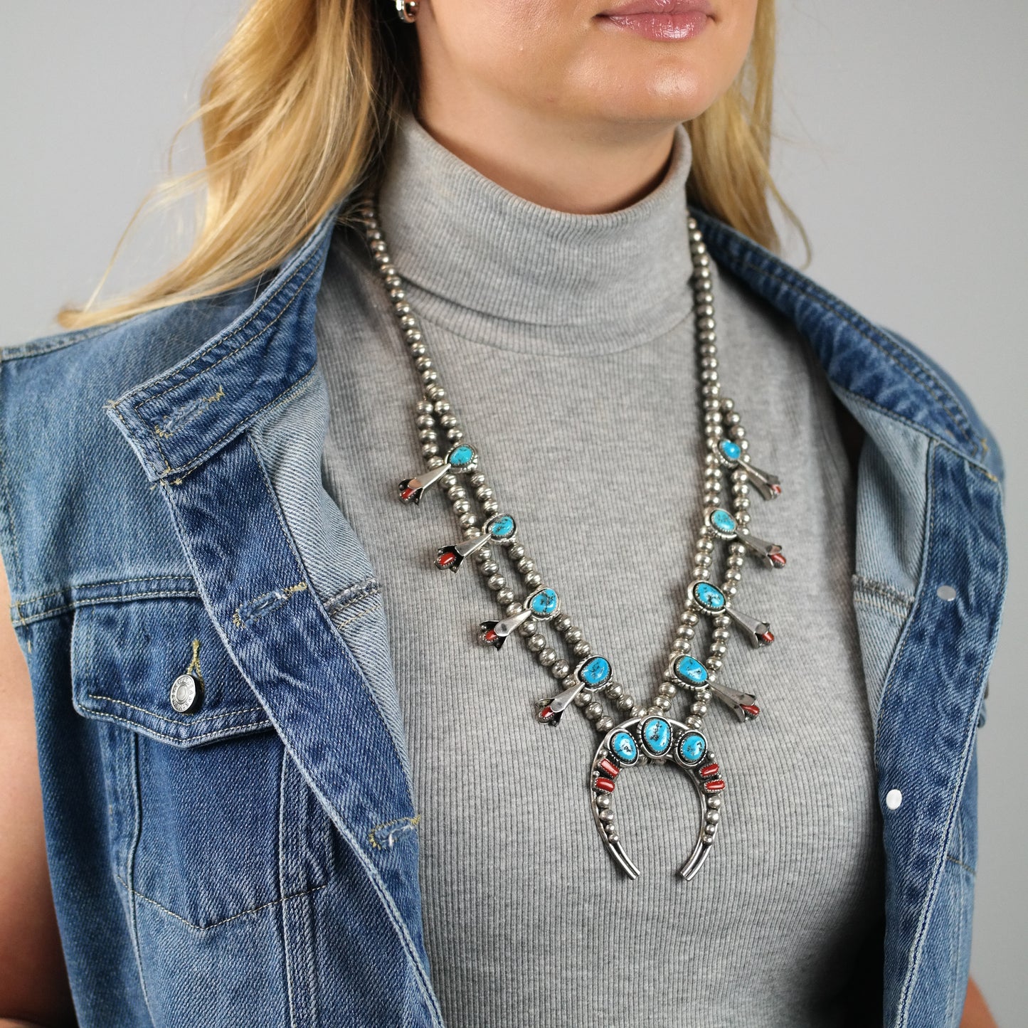 Native American Turquoise & Coral Sterling Silver Squash Blossom N2684