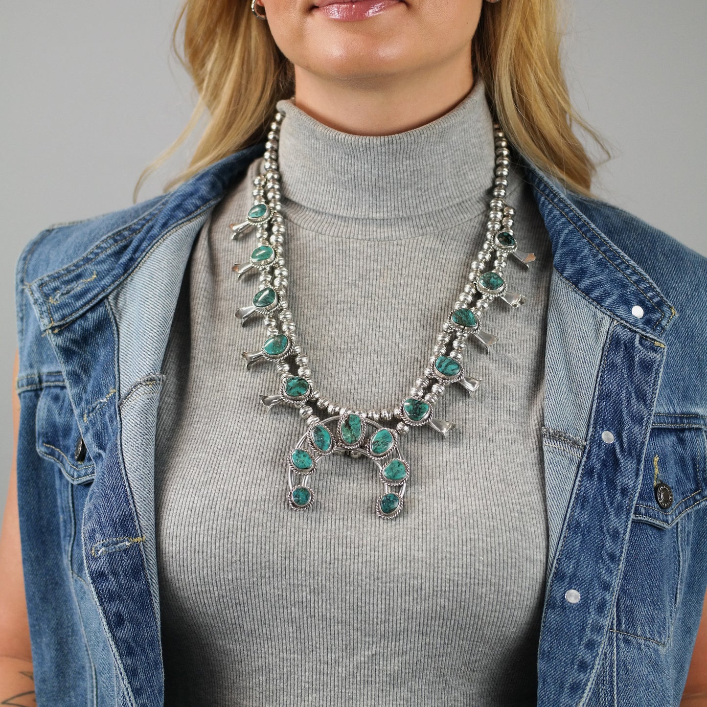 Sw Sterling Silver Blue Turquoise Squash Blossom Necklace 25"