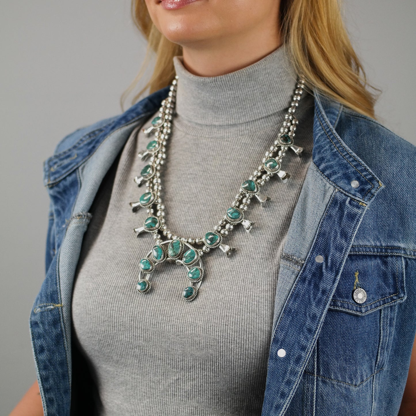 Sw Sterling Silver Blue Turquoise Squash Blossom Necklace 25"