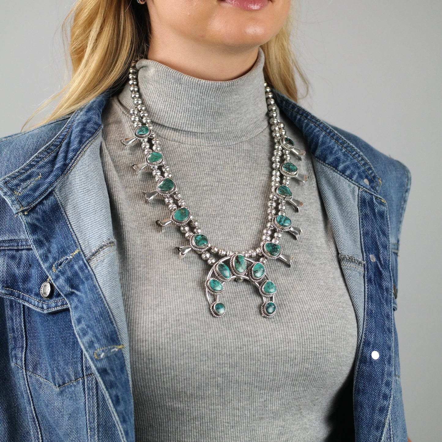 Sw Sterling Silver Blue Turquoise Squash Blossom Necklace 25"