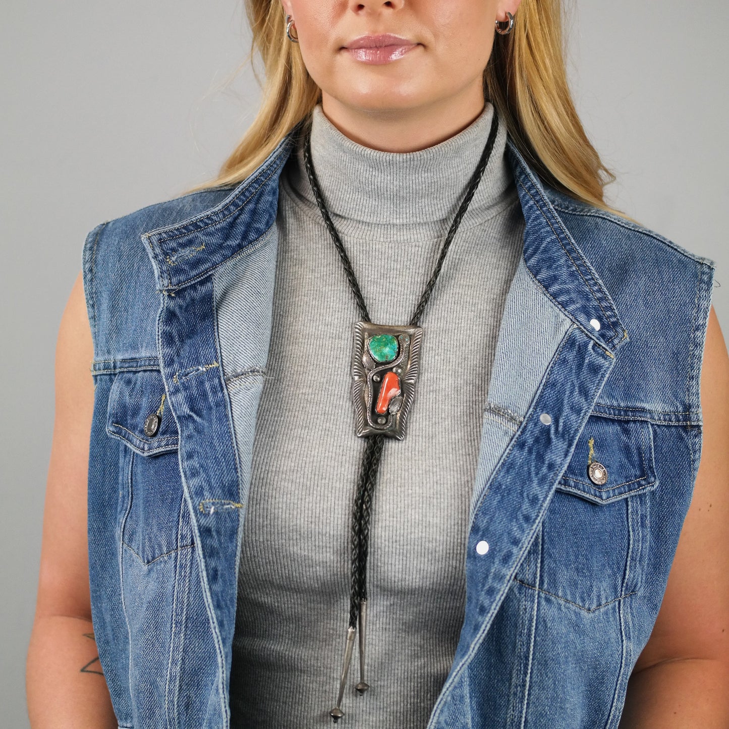 Simplicio Zuni Sterling Silver Turquoise and Coral Snake Bolo Tie N2676