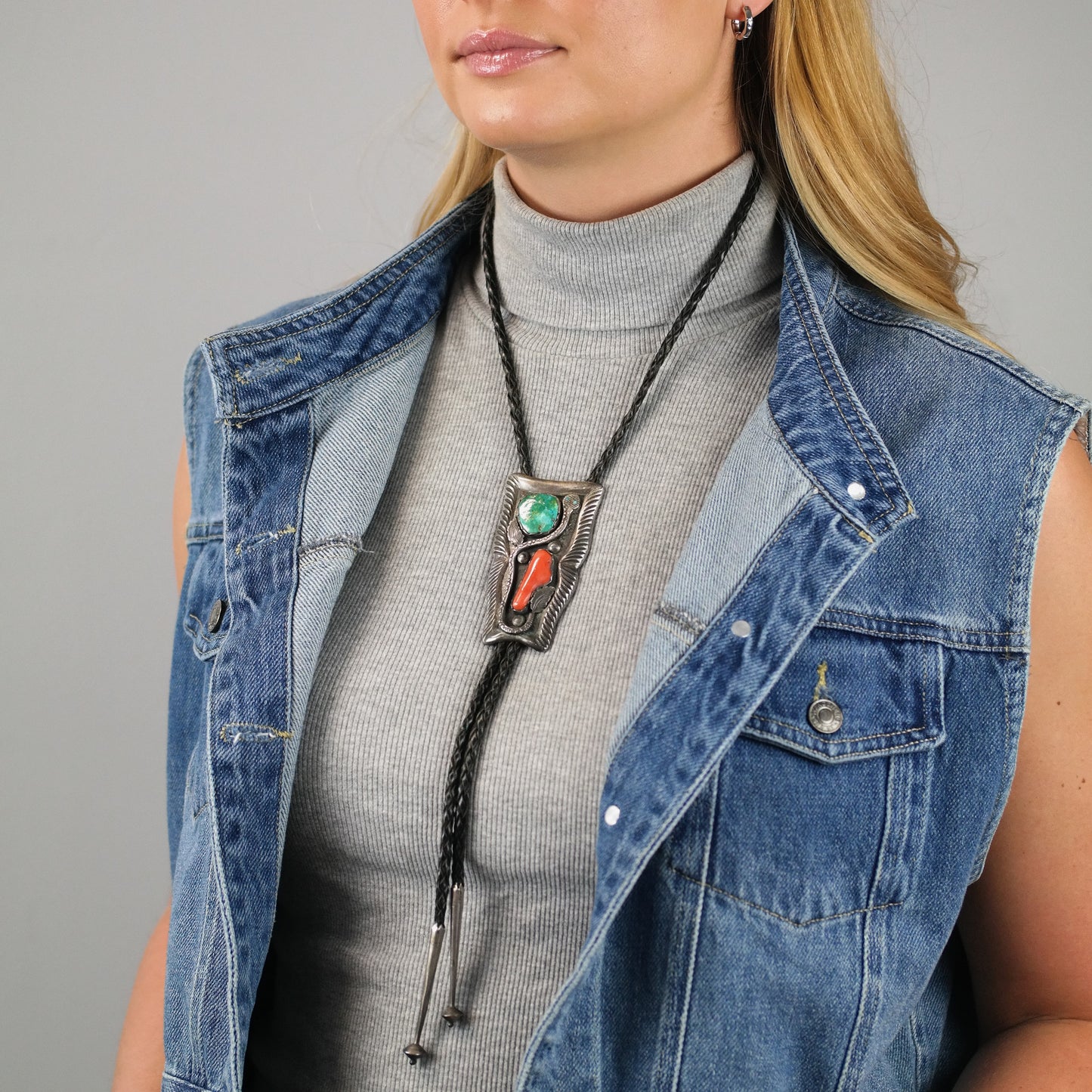 Simplicio Zuni Sterling Silver Turquoise and Coral Snake Bolo Tie N2676