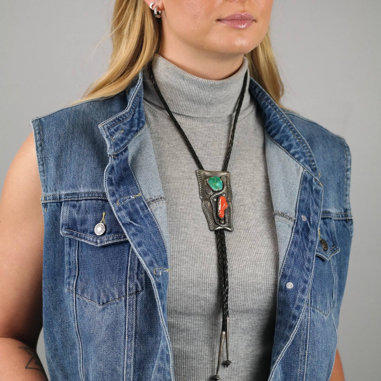 Simplicio Zuni Sterling Silver Turquoise and Coral Snake Bolo Tie N2676