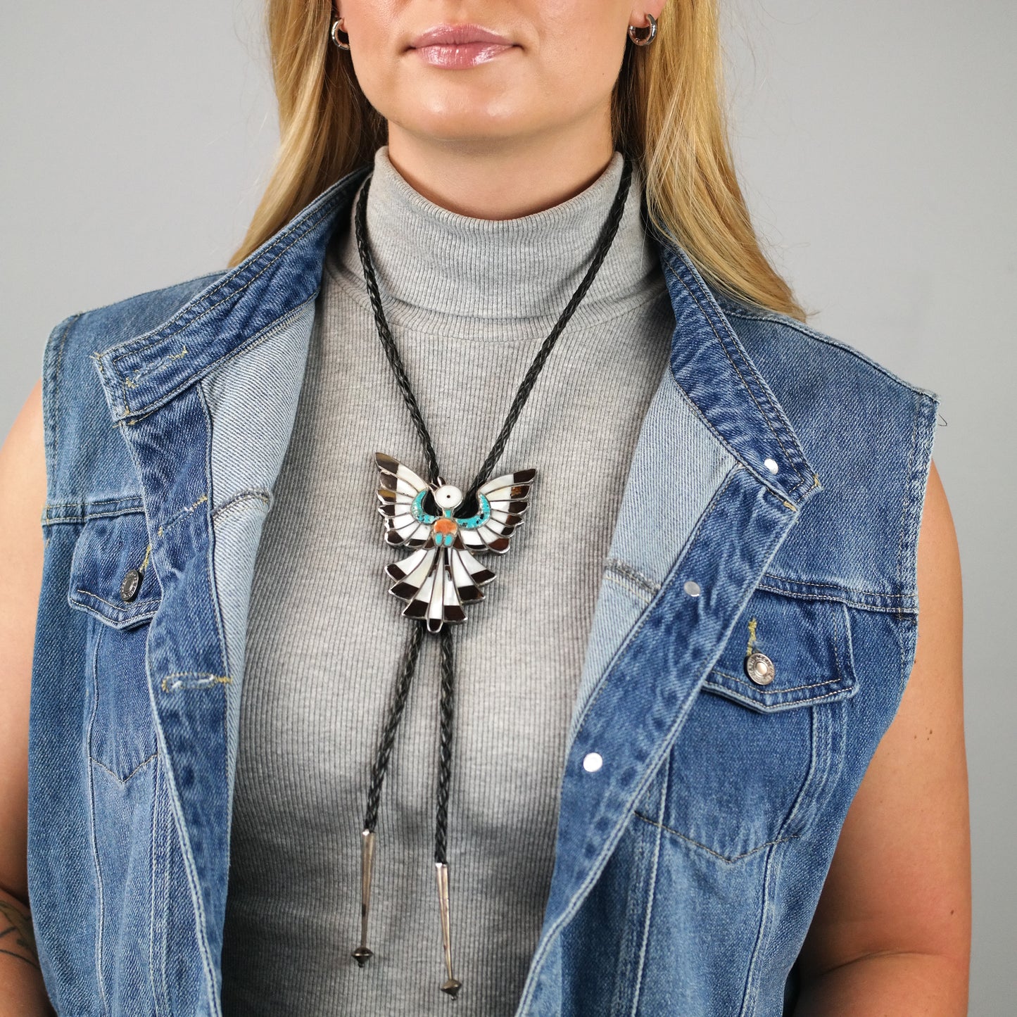 Native American Sterling Silver Thunderbird Leather Bolo Tie N2674