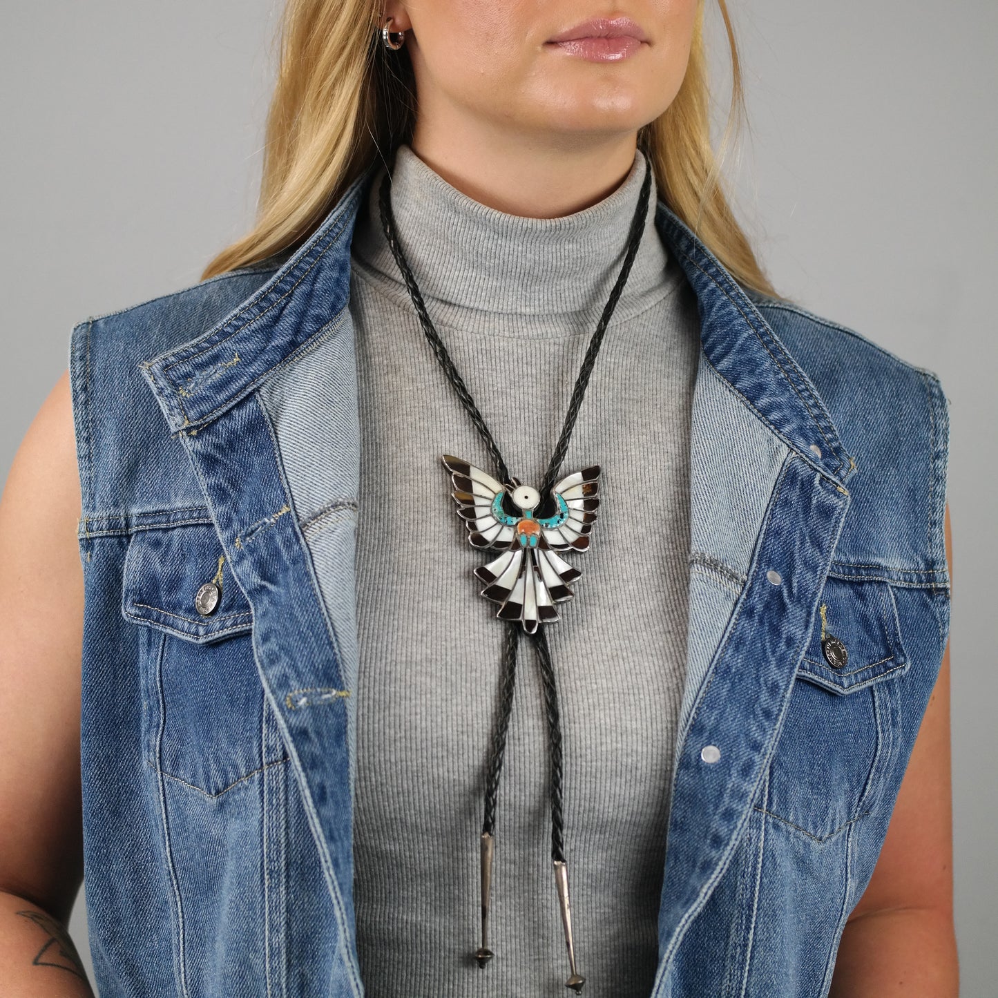 Native American Sterling Silver Thunderbird Leather Bolo Tie N2674