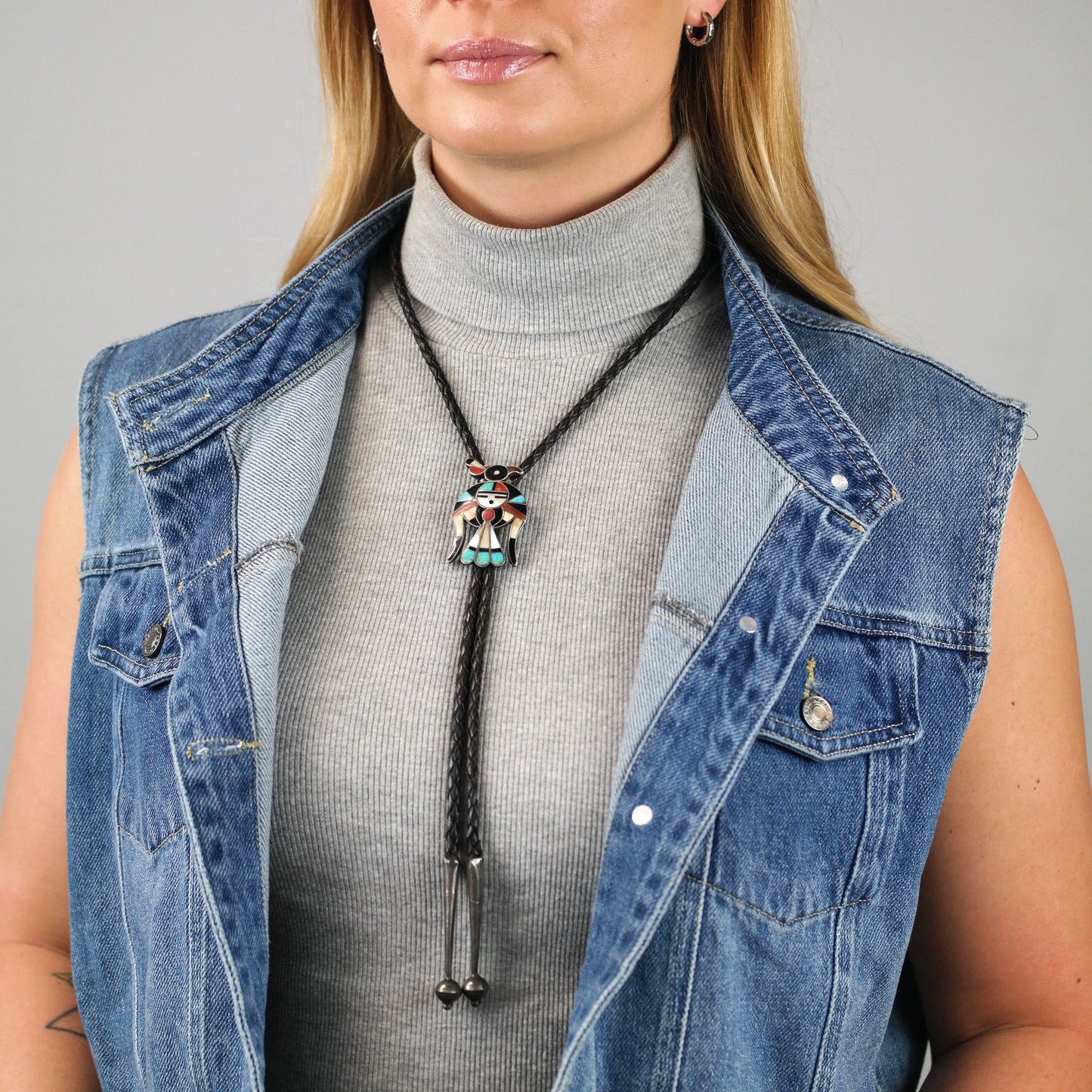 Frank Vacit Zuni Sterling Silver Thunderbird Leather Bolo Tie N2673