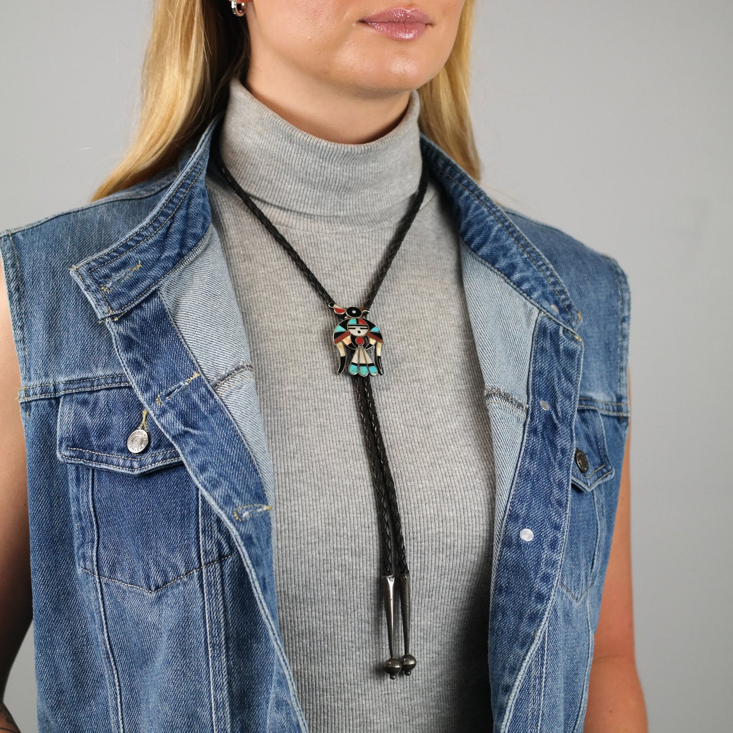 Frank Vacit Zuni Sterling Silver Thunderbird Leather Bolo Tie N2673