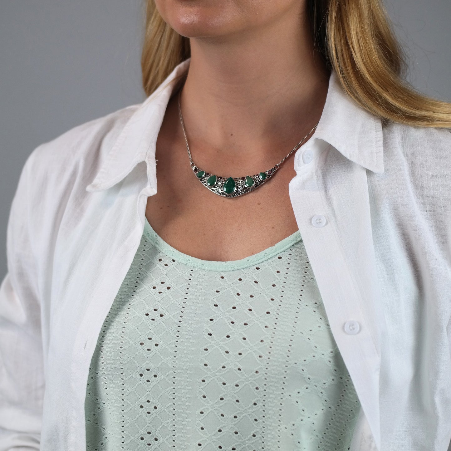 Sterling Silver Emerald Ruby Teardrop Necklace 20" N2633