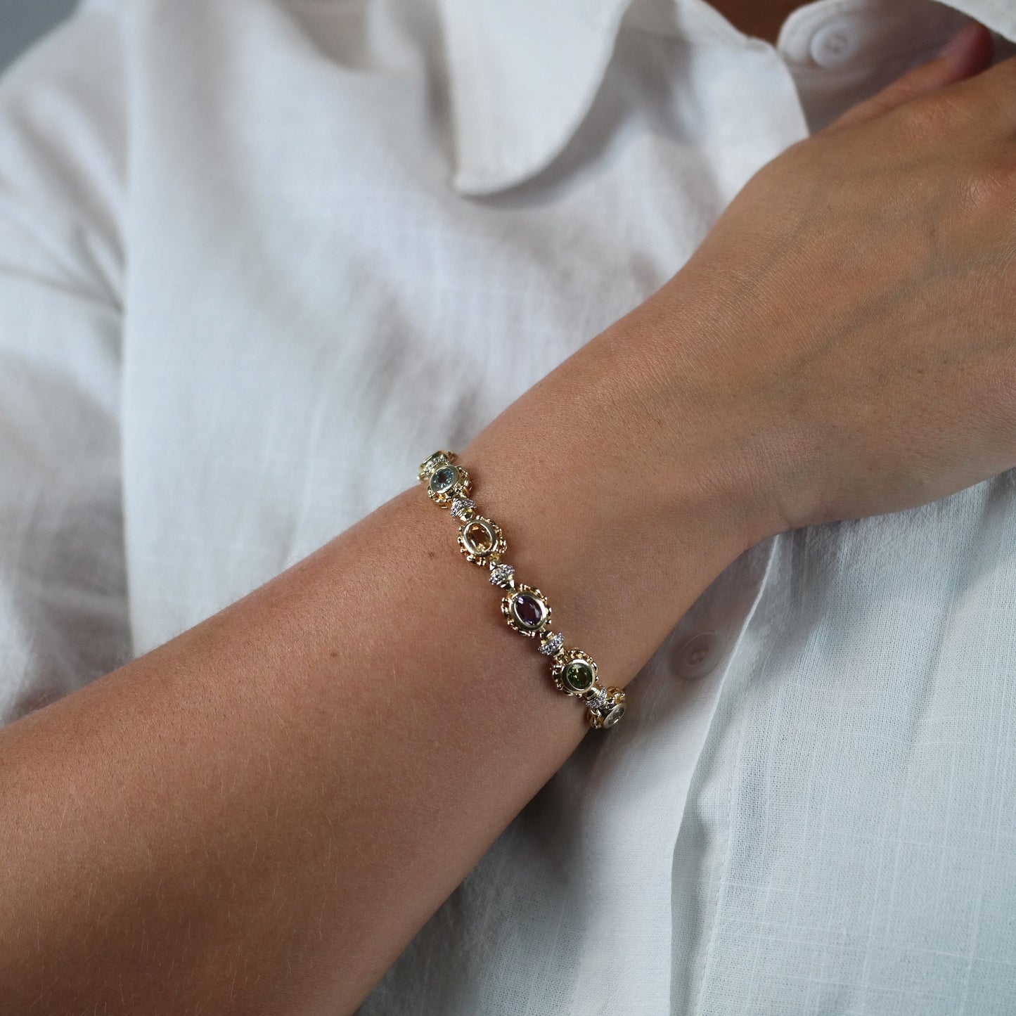 Gold Plated Gemstone Sterling Silver Link Bracelet Sz 6 1/2" BR3036
