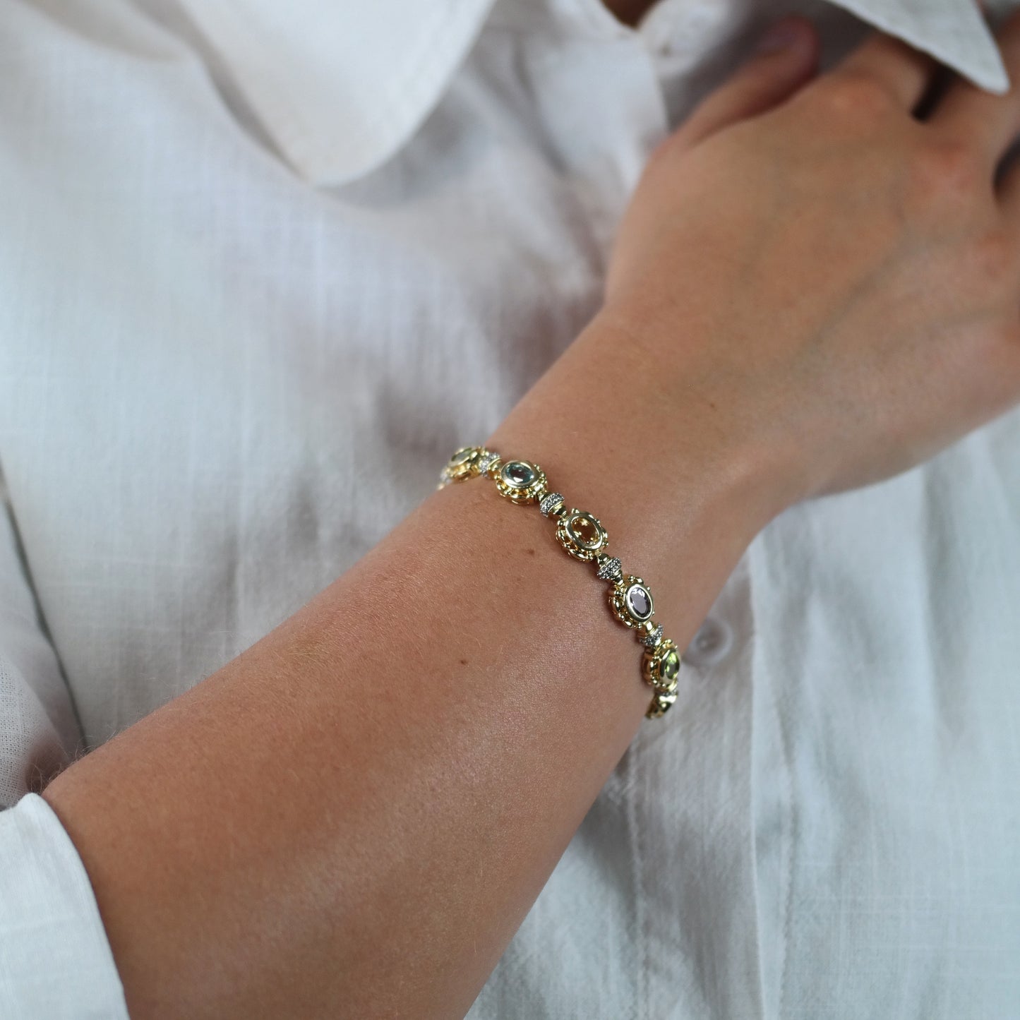 Gold Plated Gemstone Sterling Silver Link Bracelet Sz 6 1/2" BR3036