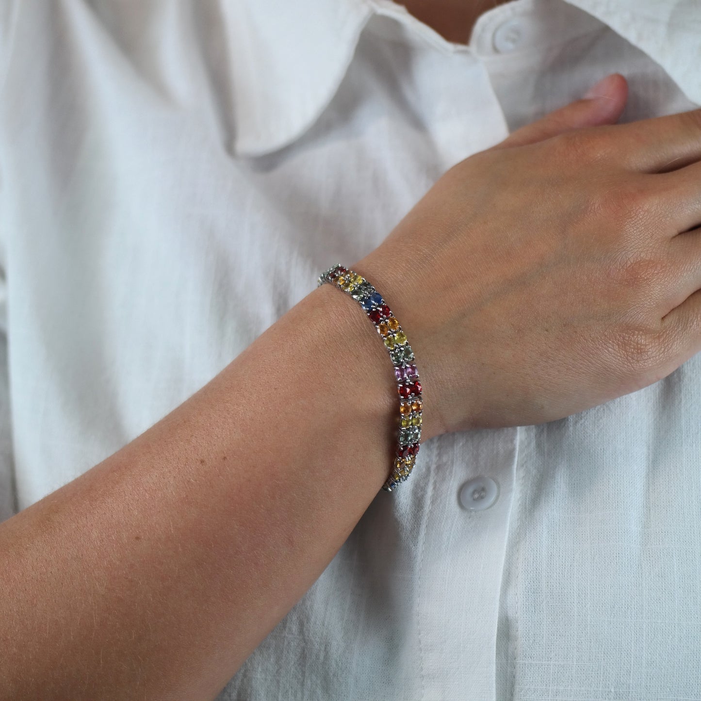 18ctw Multi Color Sapphire Link Bracelet Treated Sterling Silver Sz 6 1/2"