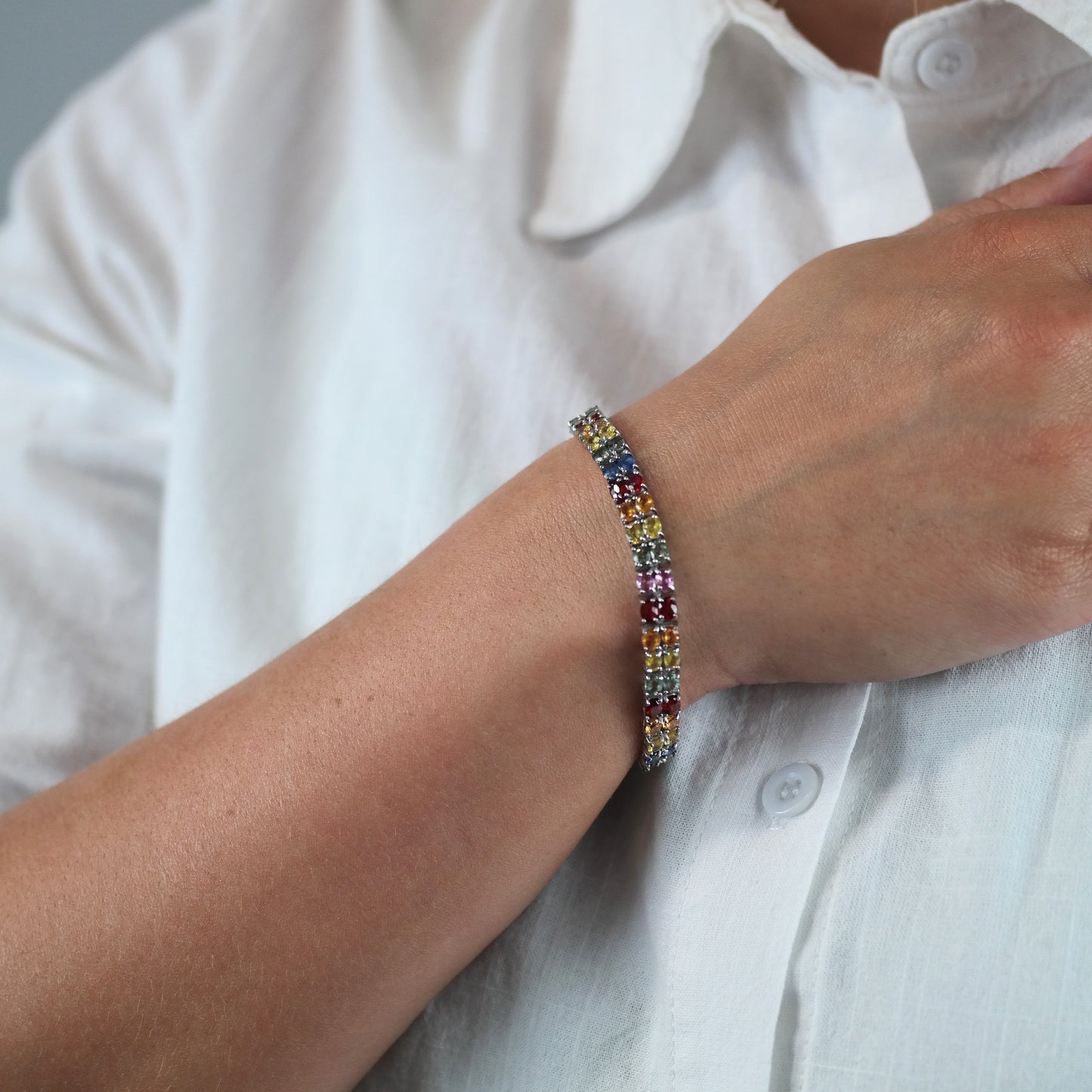 18ctw Multi Color Sapphire Link Bracelet Treated Sterling Silver Sz 6 1/2"