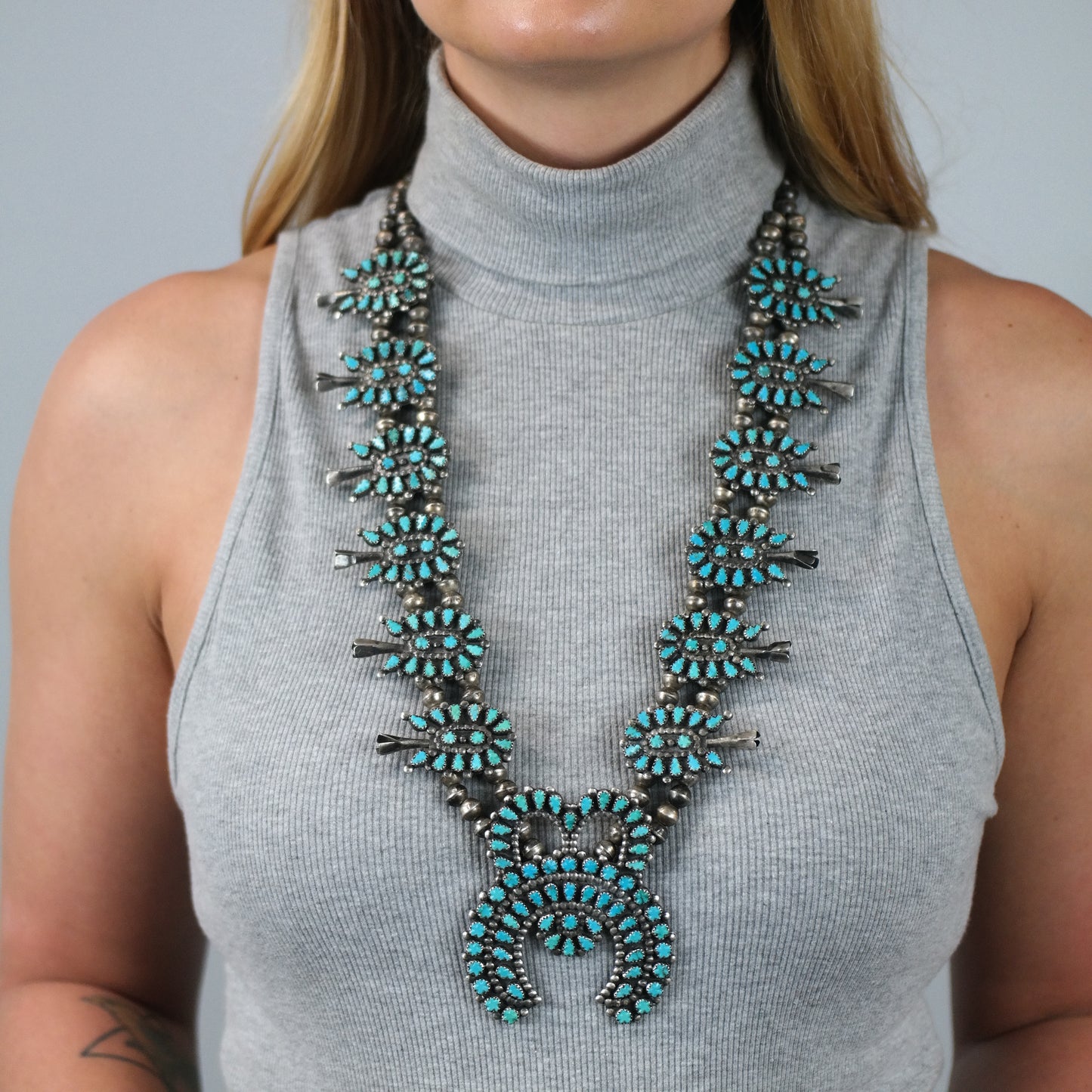 Zuni Carved Turquoise Cluster Squash Blossom Necklace Sterling Silver 30 1/2" N2668