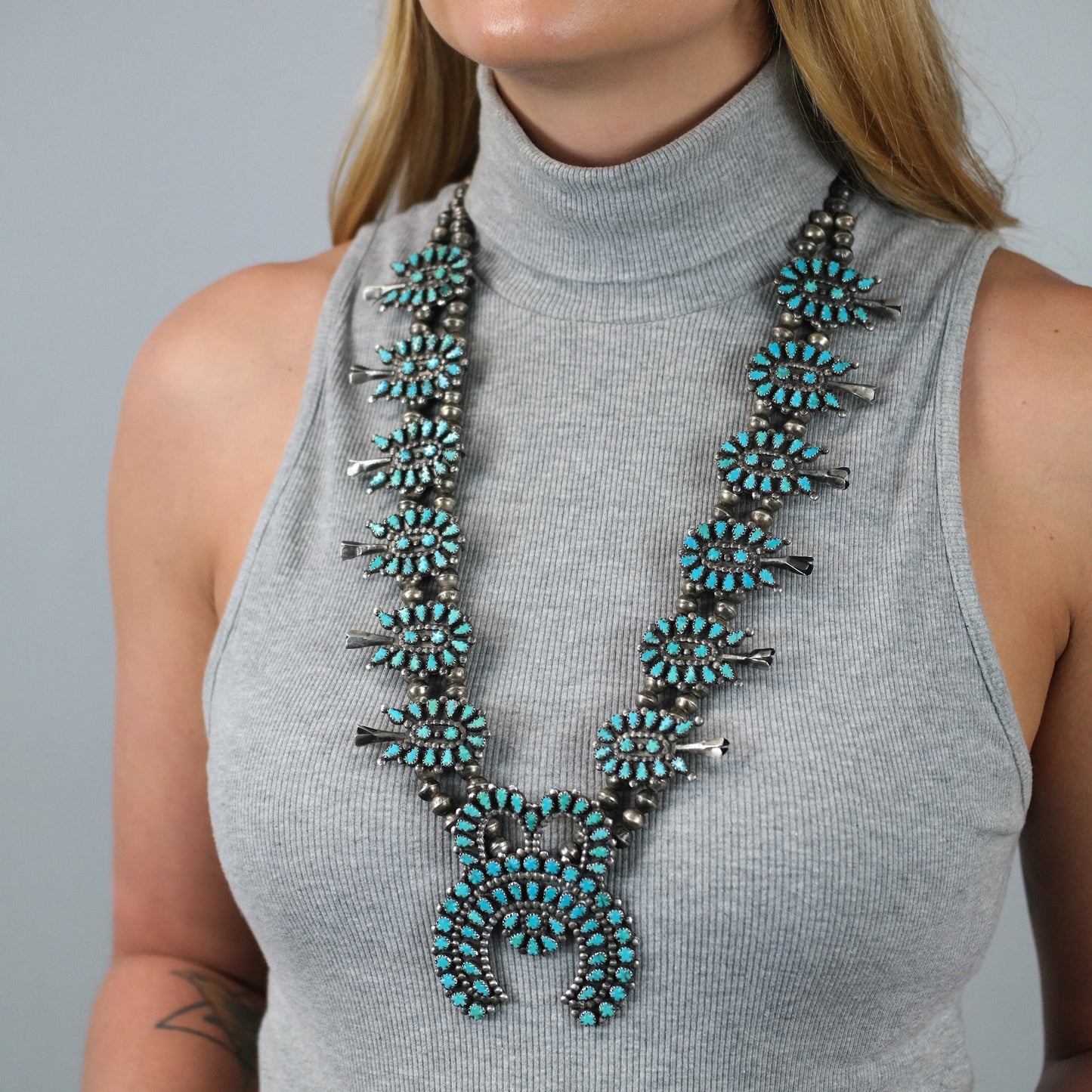 Zuni Carved Turquoise Cluster Squash Blossom Necklace Sterling Silver 30 1/2" N2668