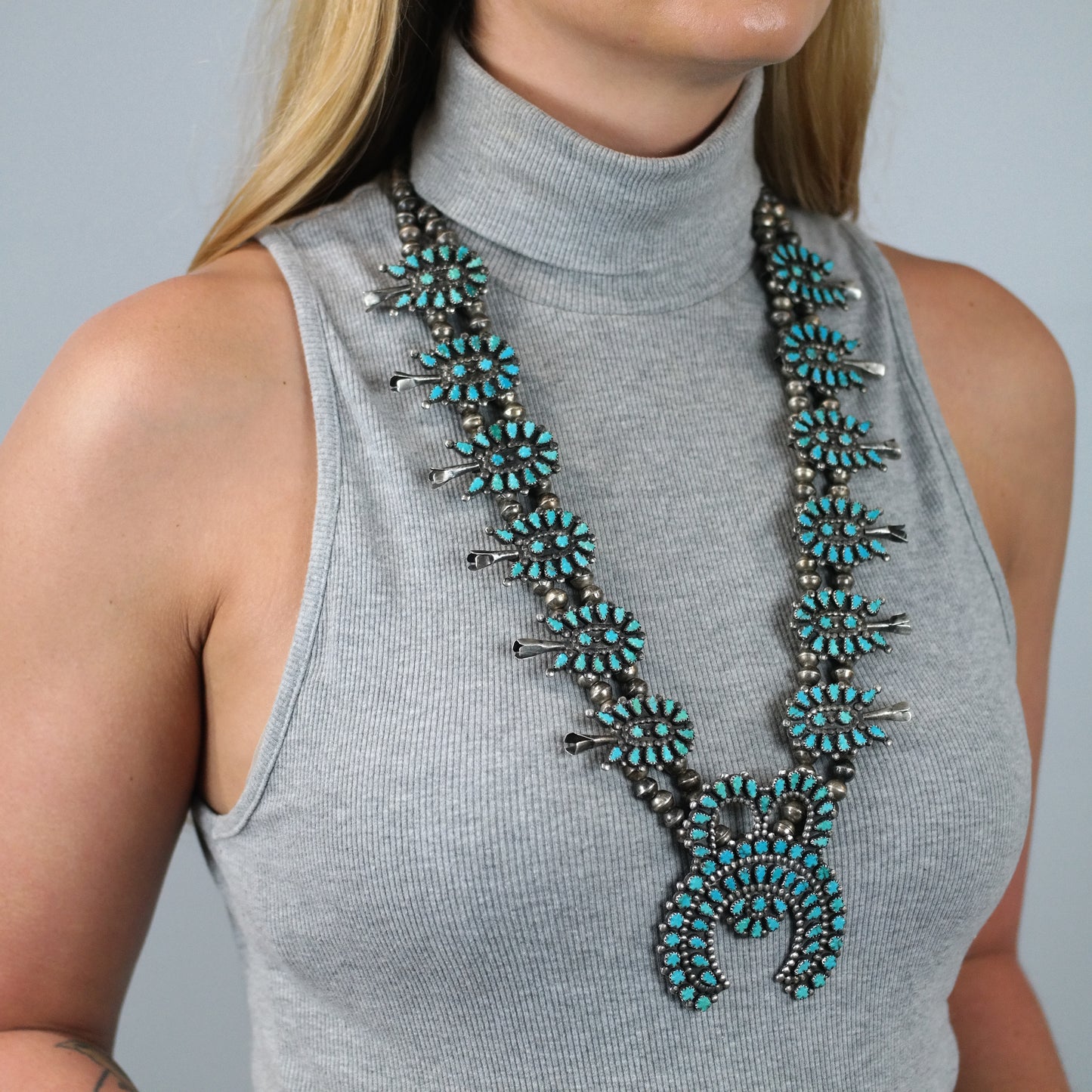 Zuni Carved Turquoise Cluster Squash Blossom Necklace Sterling Silver 30 1/2" N2668