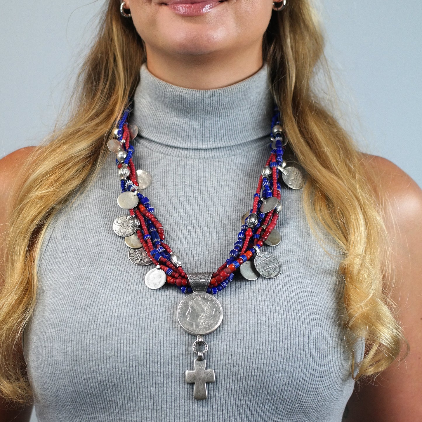 Vintage Native American Morgan Dollar Cross Sterling Silver Trader Beads Necklace N2688