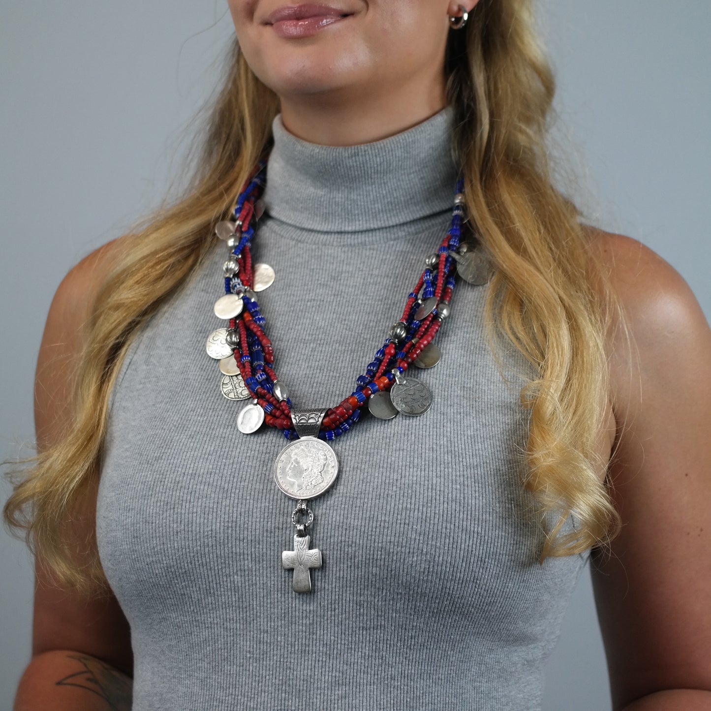 Vintage Native American Morgan Dollar Cross Sterling Silver Trader Beads Necklace N2688
