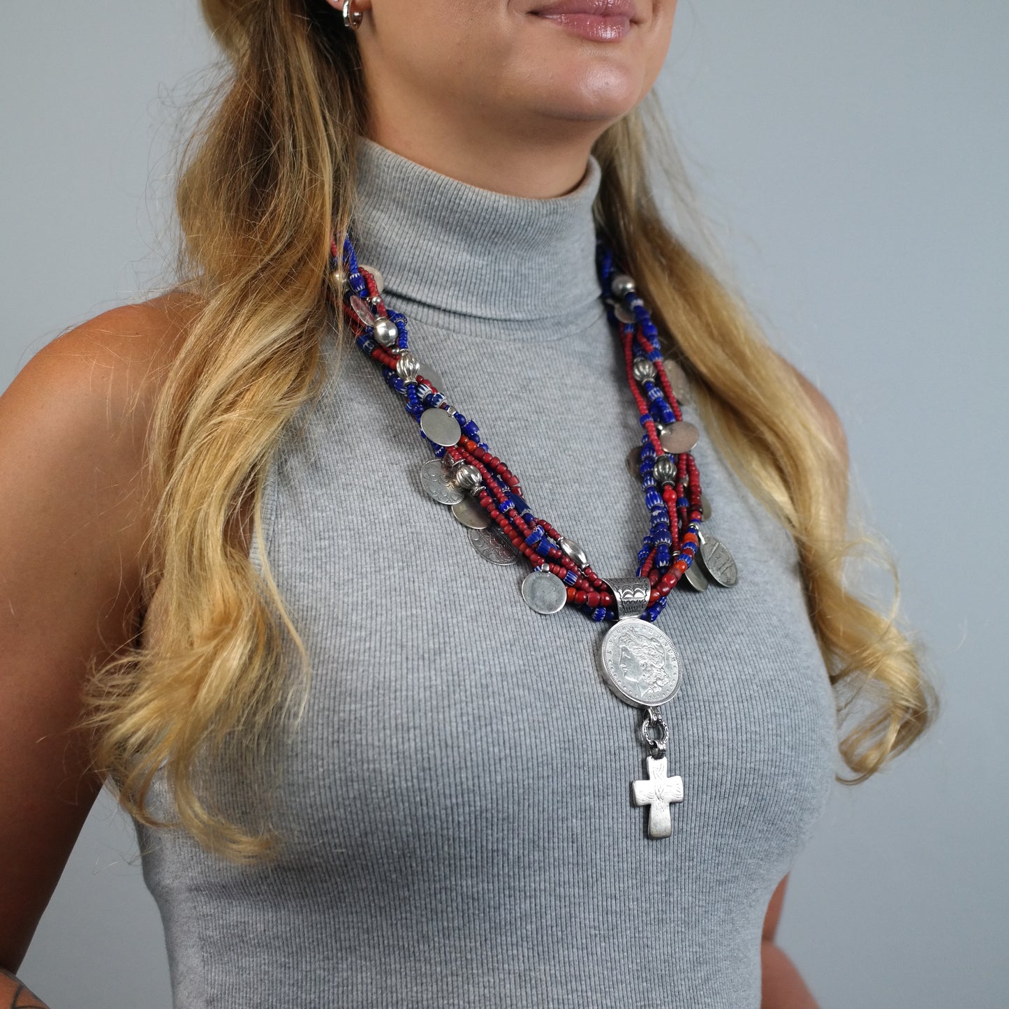 Vintage Native American Morgan Dollar Cross Sterling Silver Trader Beads Necklace N2688