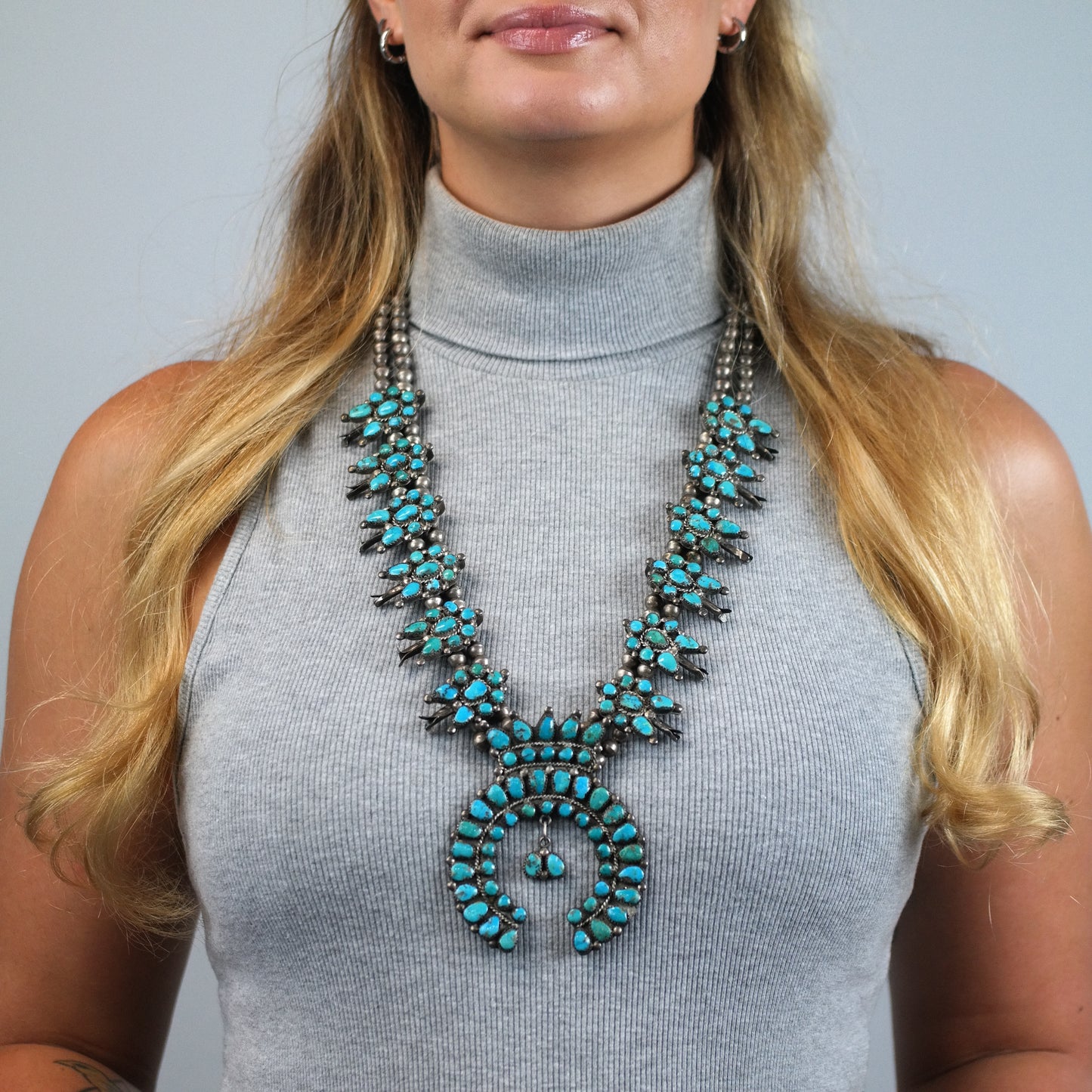 Vintage Zuni Turquoise Cluster Pendant Sterling Silver Squash Blossom Necklace N2693