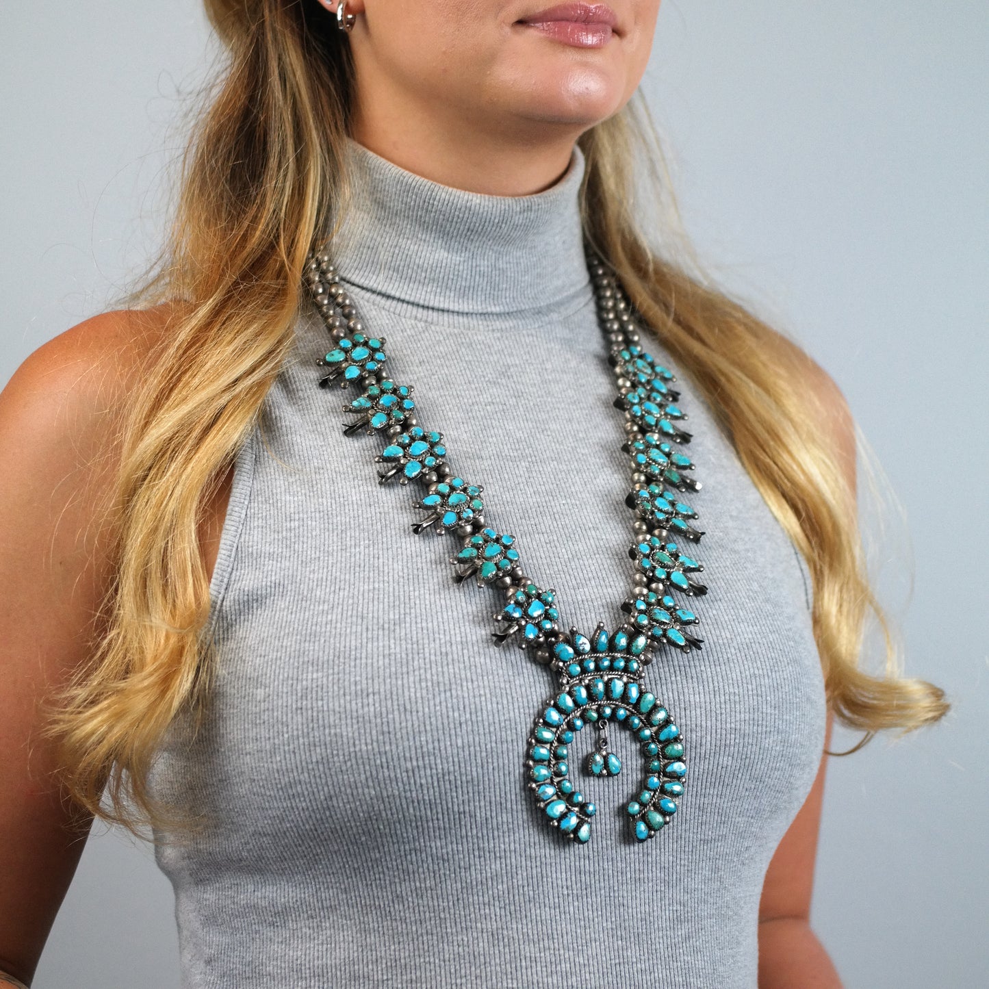 Vintage Zuni Turquoise Cluster Pendant Sterling Silver Squash Blossom Necklace N2693