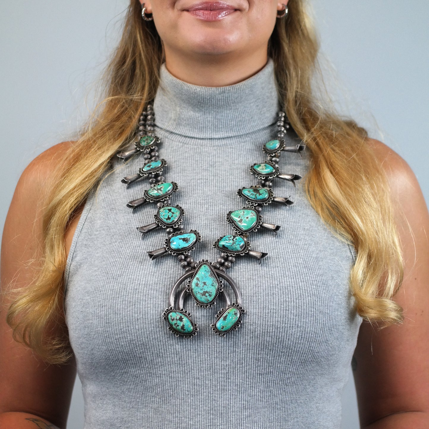 Vintage Native American Sterling Silver, Morenci Turquoise Squash Blossom Necklace  N2709