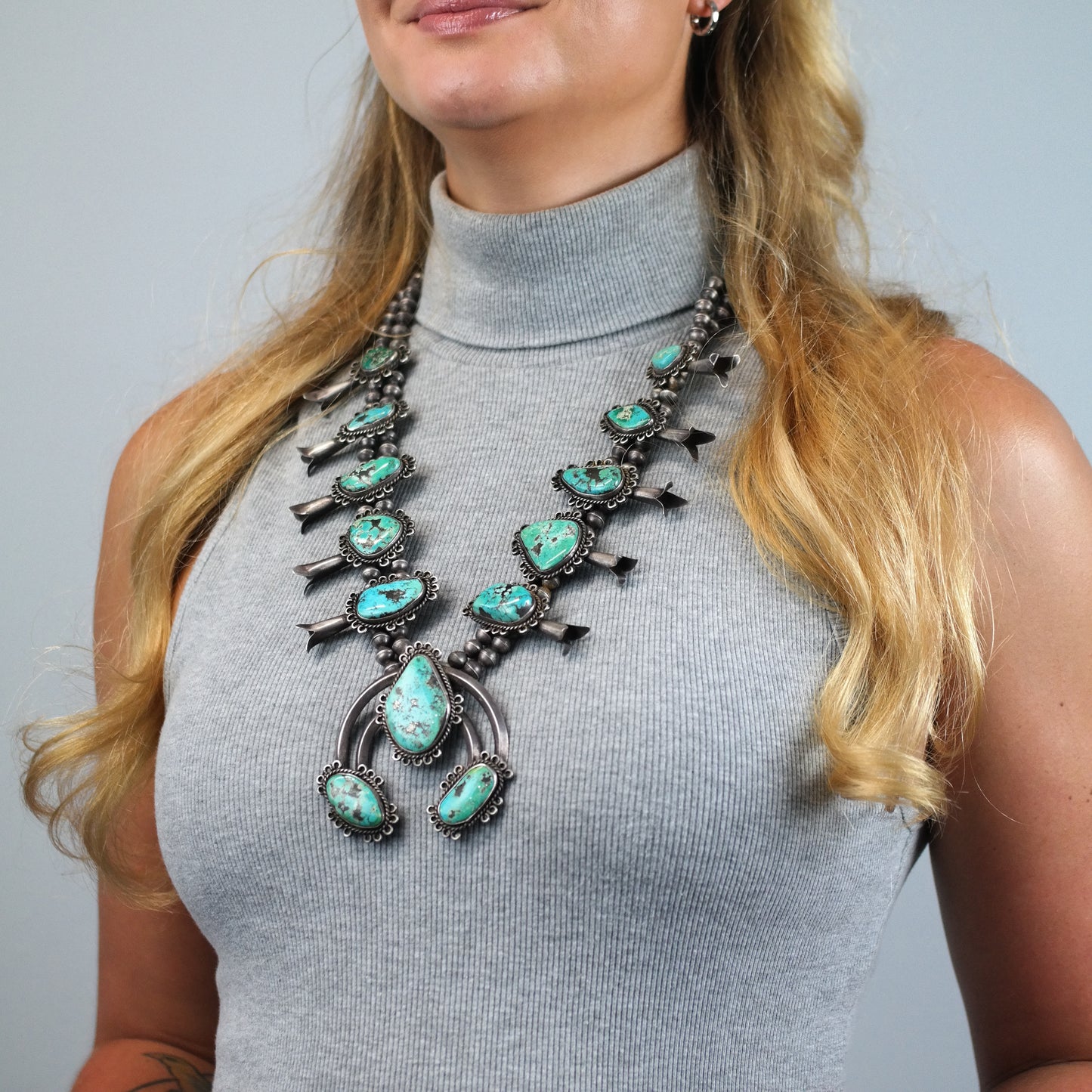 Vintage Native American Sterling Silver, Morenci Turquoise Squash Blossom Necklace  N2709