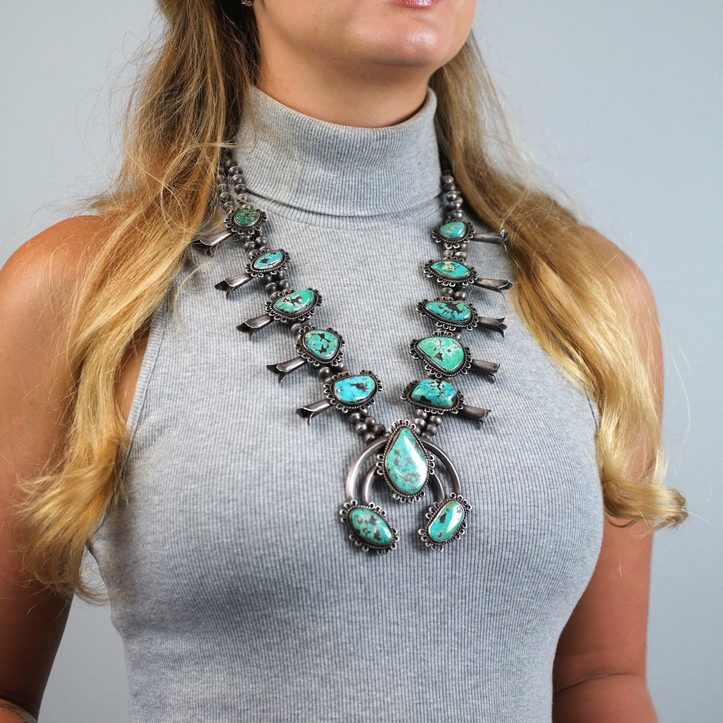 Vintage Native American Sterling Silver, Morenci Turquoise Squash Blossom Necklace  N2709