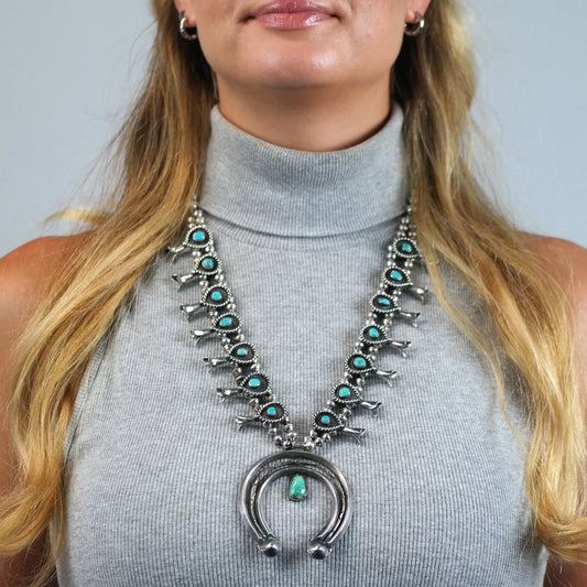 Vintage Navajo Turquoise Sterling Silver Squash Blossom Necklace N2729