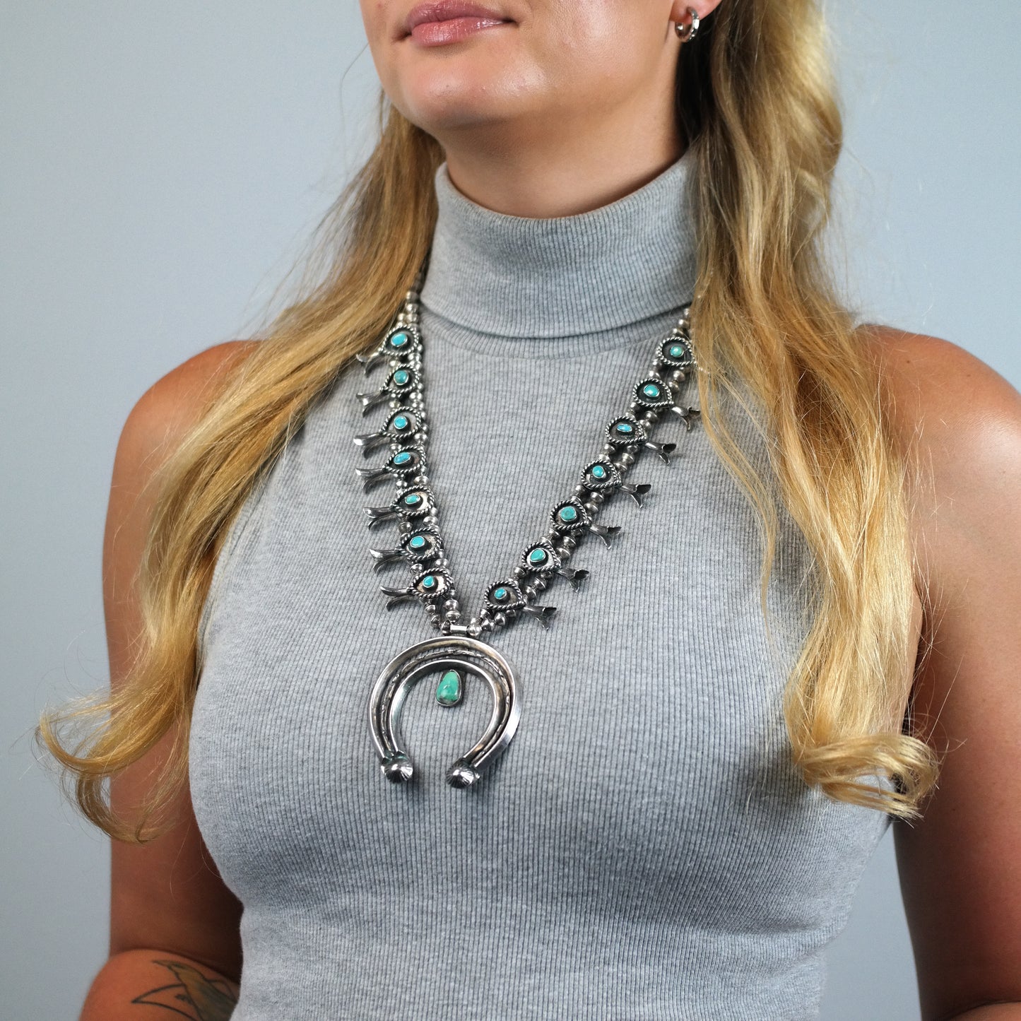 Vintage Navajo Turquoise Sterling Silver Squash Blossom Necklace N2729