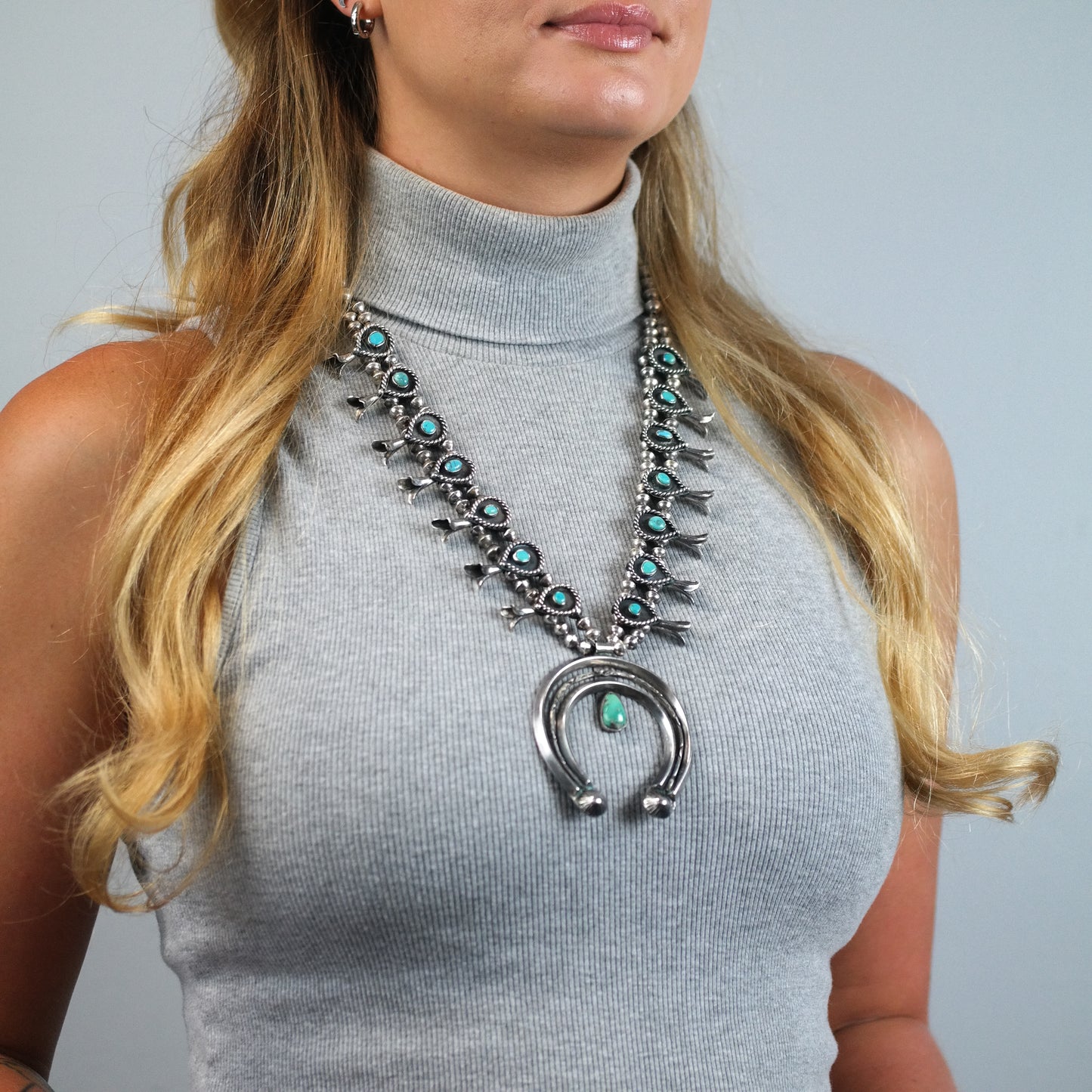Vintage Navajo Turquoise Sterling Silver Squash Blossom Necklace N2729