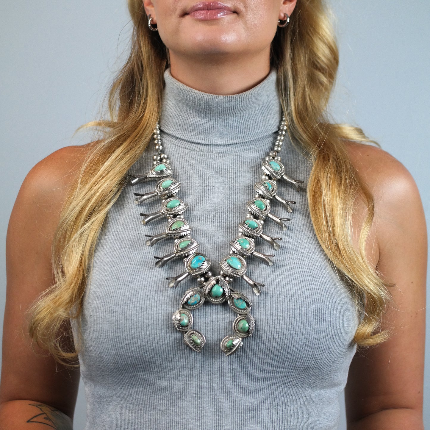 Vintage Native American Morenci Turquoise Sterling Silver Squash Blossom Necklace N2728