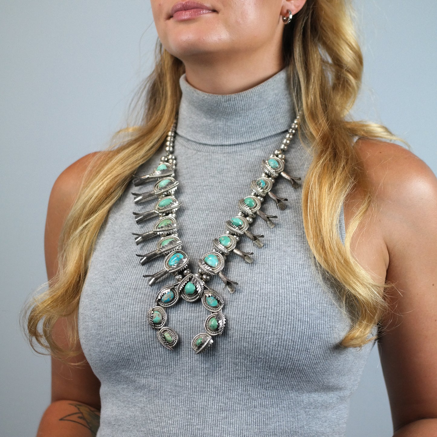 Vintage Native American Morenci Turquoise Sterling Silver Squash Blossom Necklace N2728