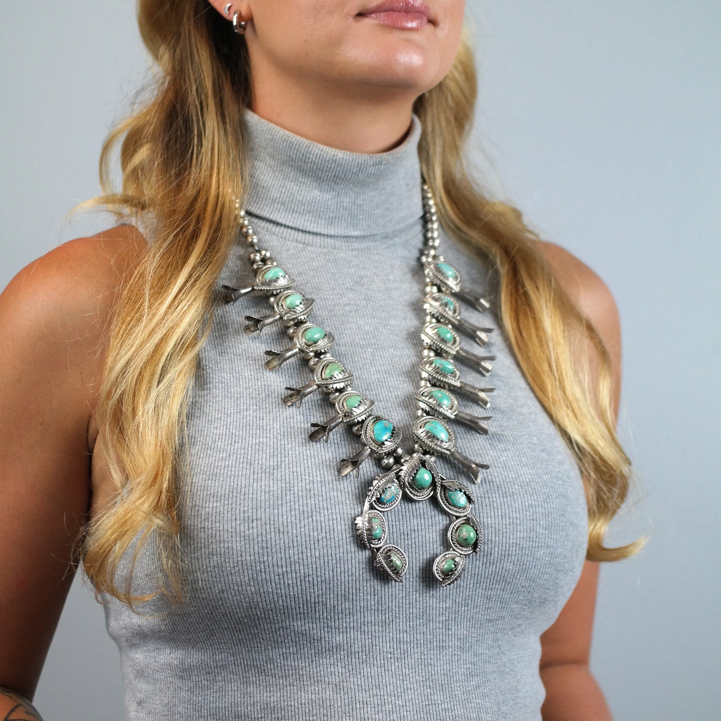Vintage Native American Morenci Turquoise Sterling Silver Squash Blossom Necklace N2728