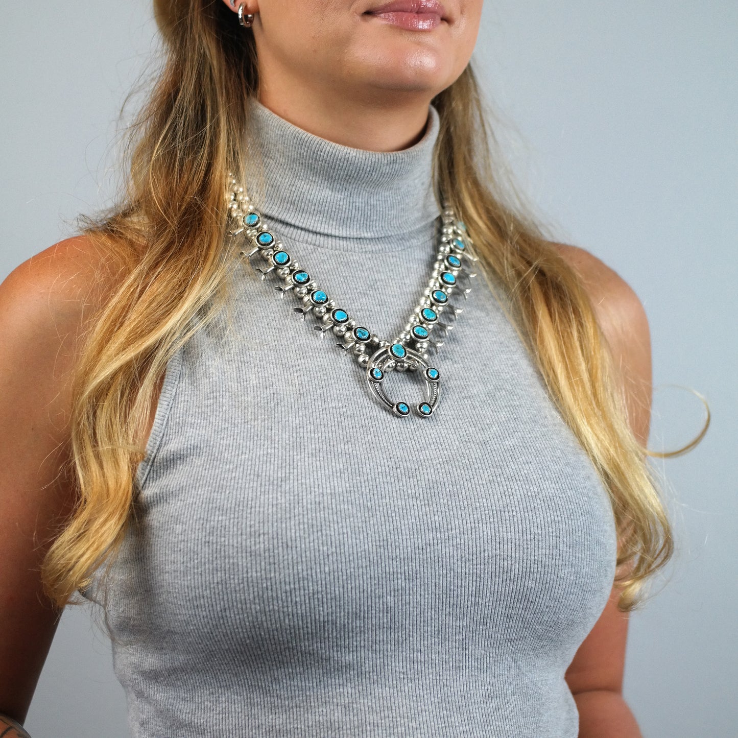 Vintage Native American Turquoise Sterling Silver Squash Blossom Necklace N2721