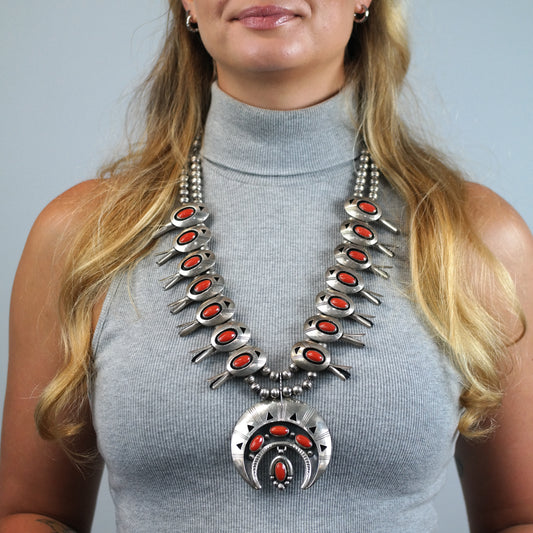 Vintage Native American Coral Sterling Silver Squash Blossom Necklace