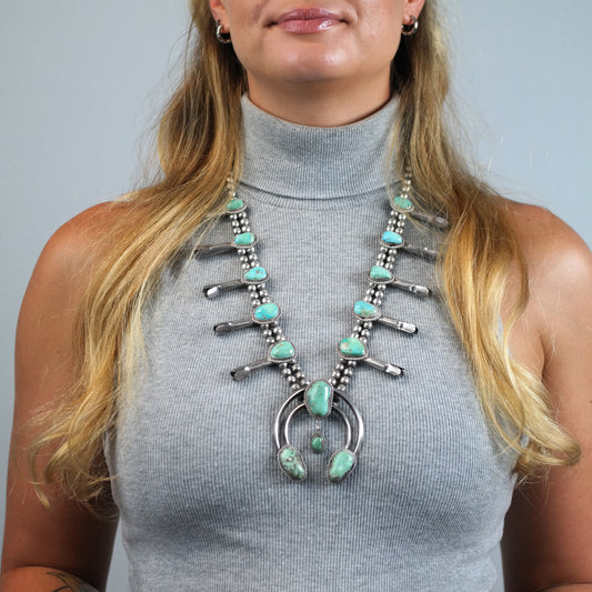 Vintage Southwest Turquoise Sterling Silver Squash Blossom Necklace N2720