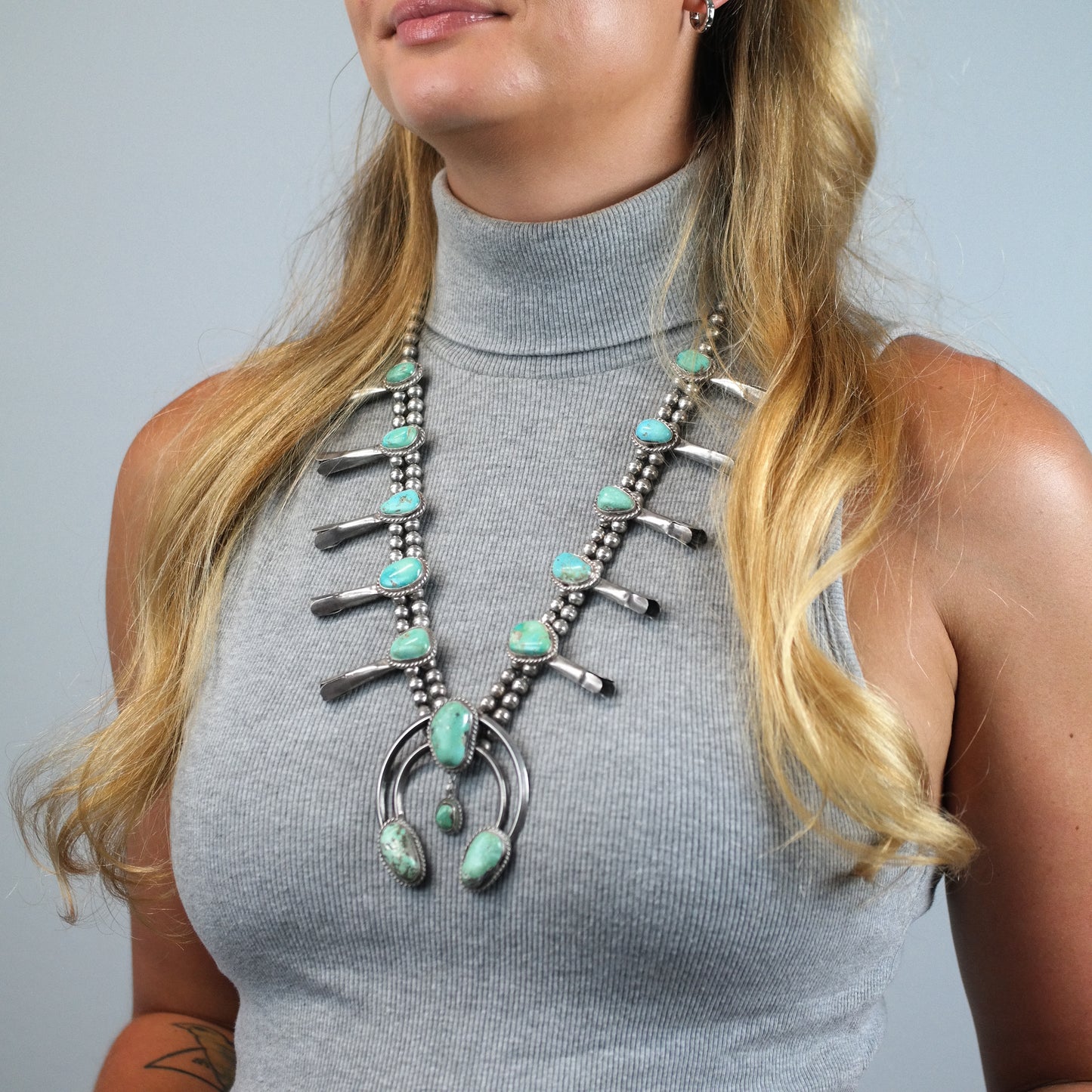 Vintage Southwest Turquoise Sterling Silver Squash Blossom Necklace N2720