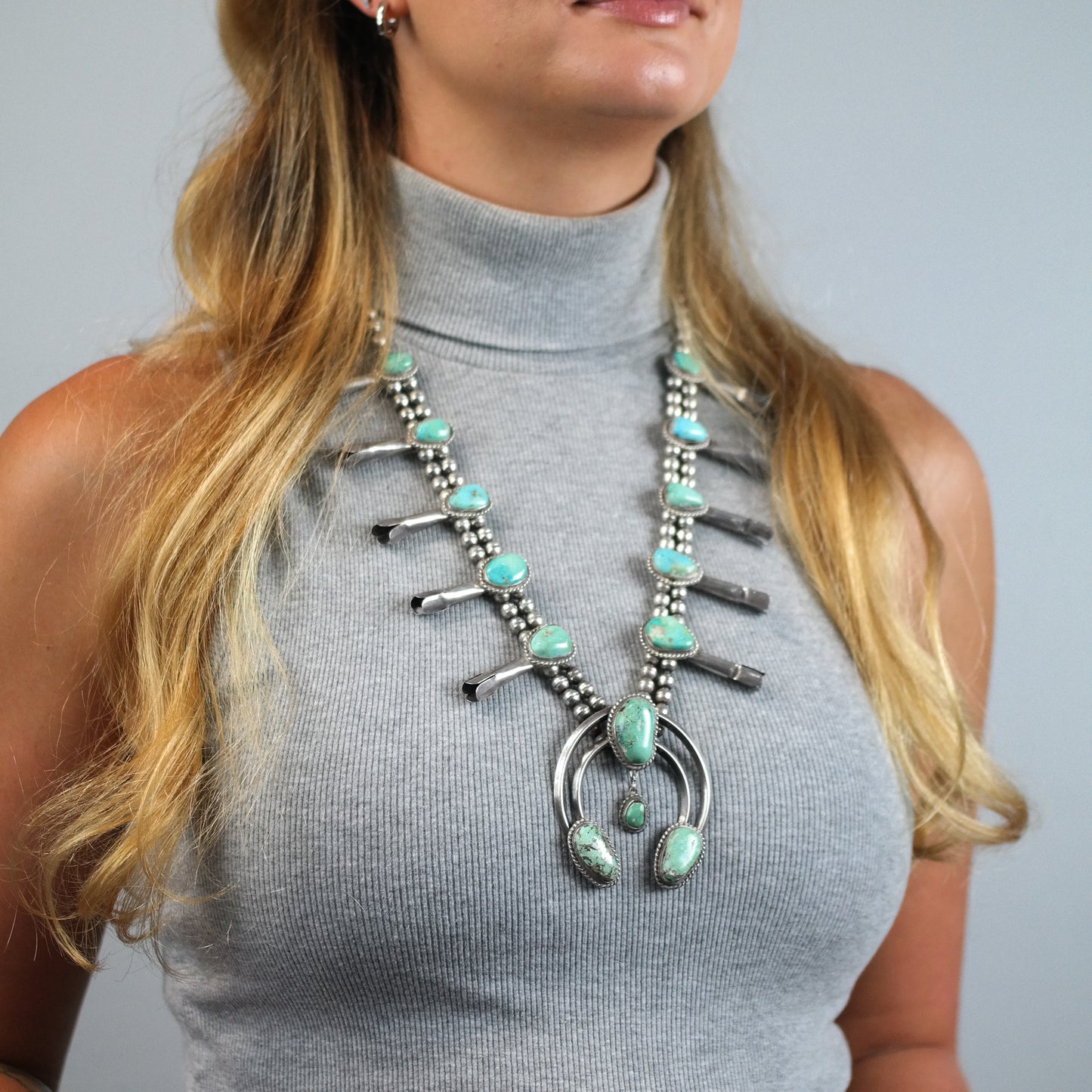 Vintage Southwest Turquoise Sterling Silver Squash Blossom Necklace N2720